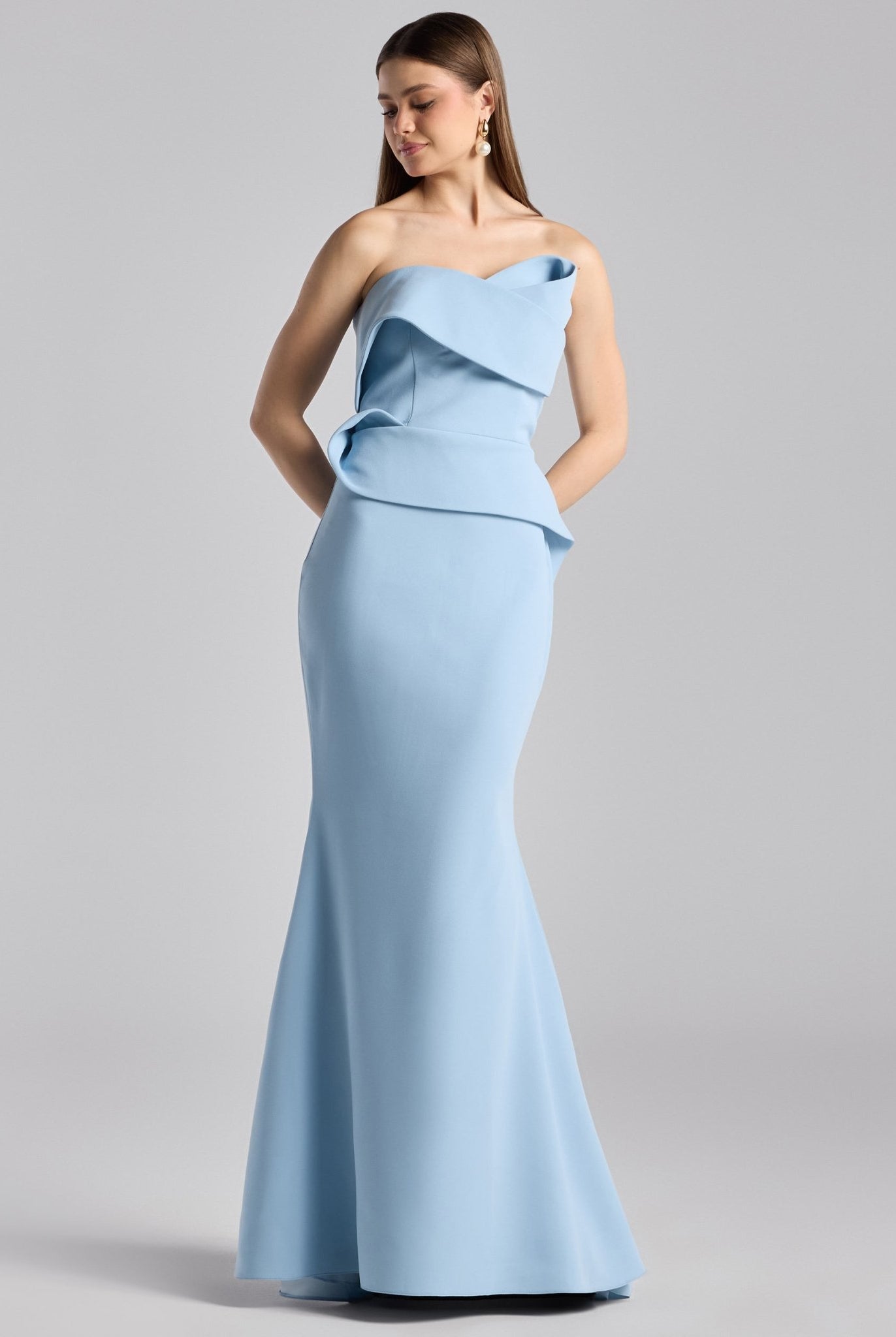 Baby Blue Crepe Gown with Peplum Drape - shopaleena