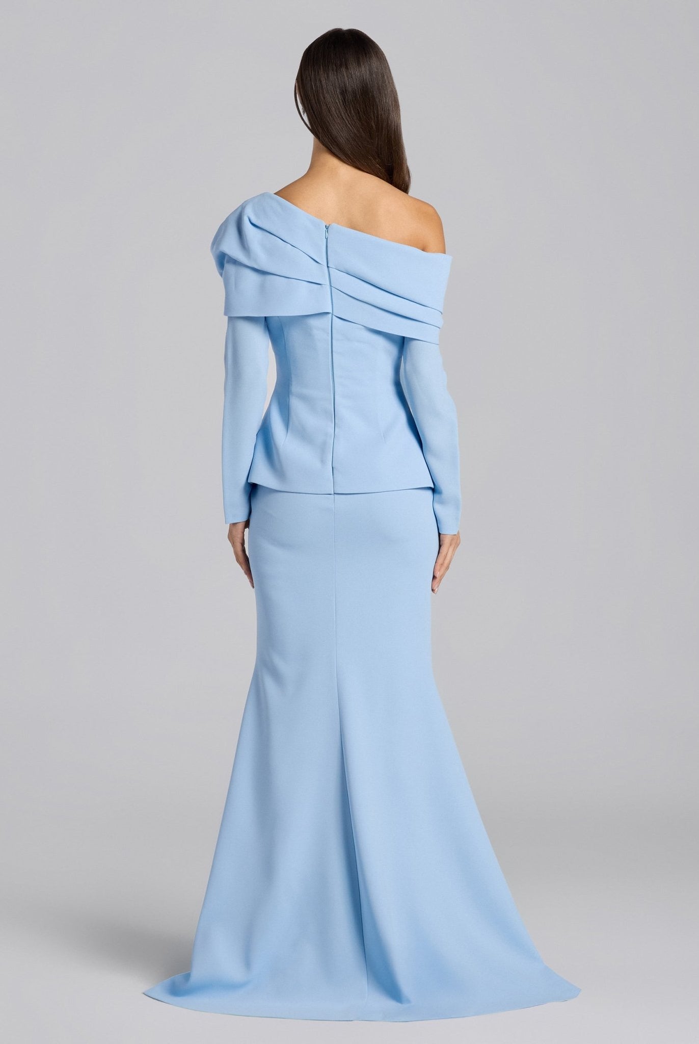 Baby Blue Crepe Off Shoulder Draped Maxi Dress - shopaleena