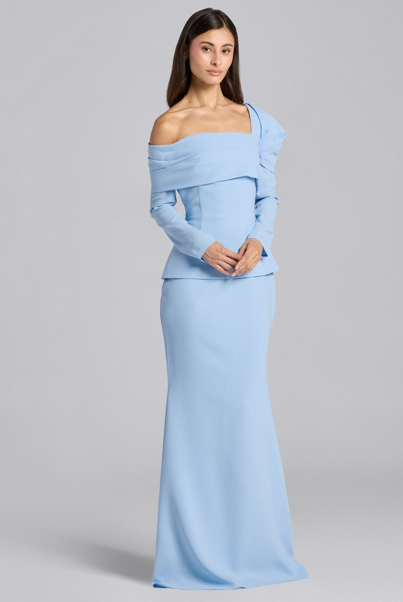 Baby Blue Crepe Off Shoulder Draped Maxi Dress - shopaleena