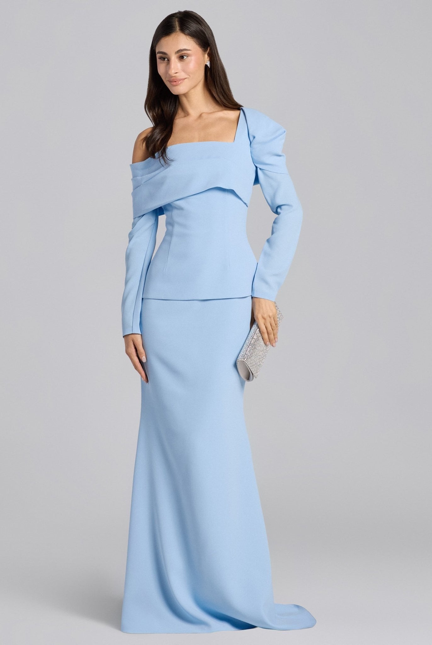 Baby Blue Crepe Off Shoulder Draped Maxi Dress - shopaleena