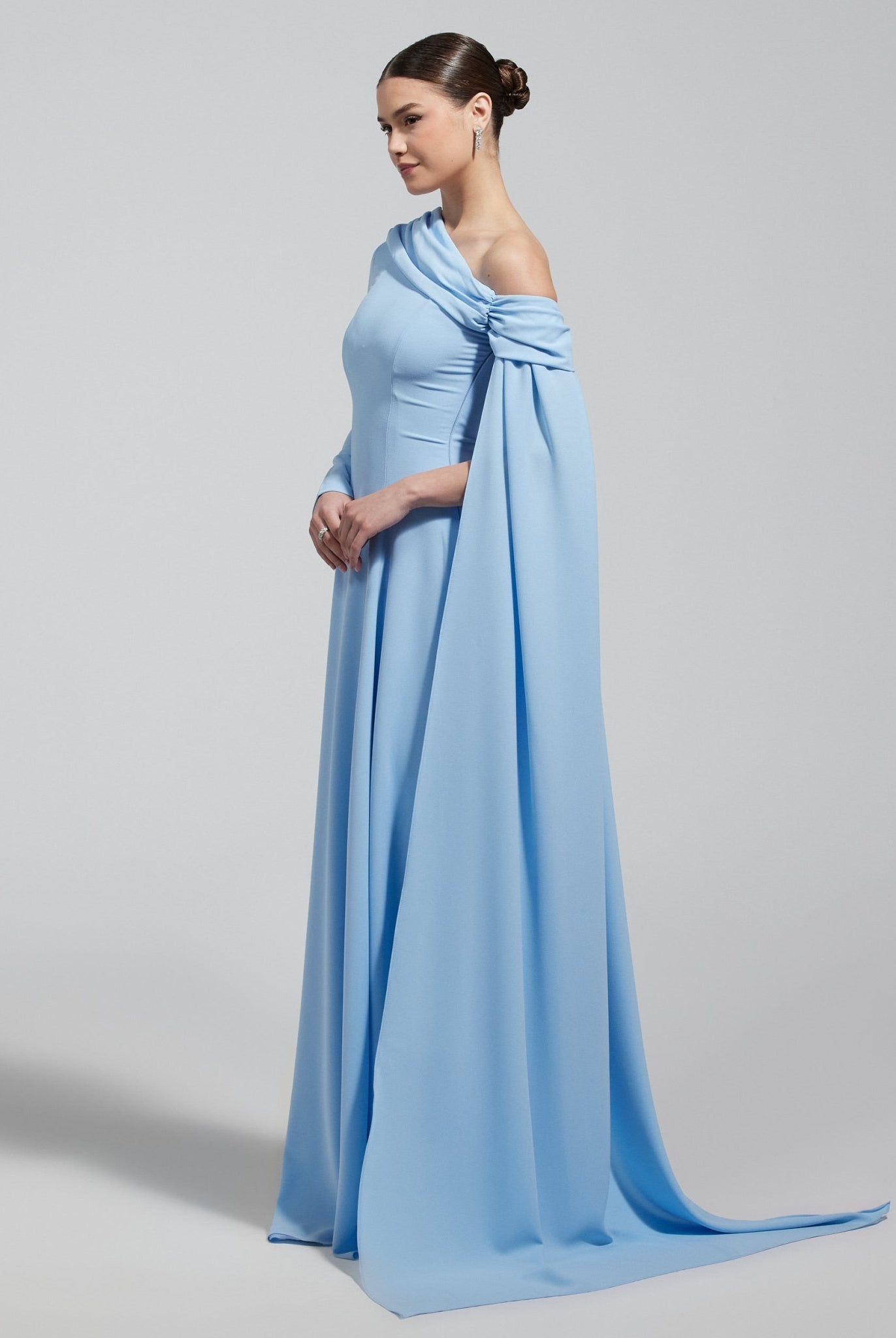 Baby Blue One Shoulder Crepe Maxi Dress with Drape Sleeve - shopaleena