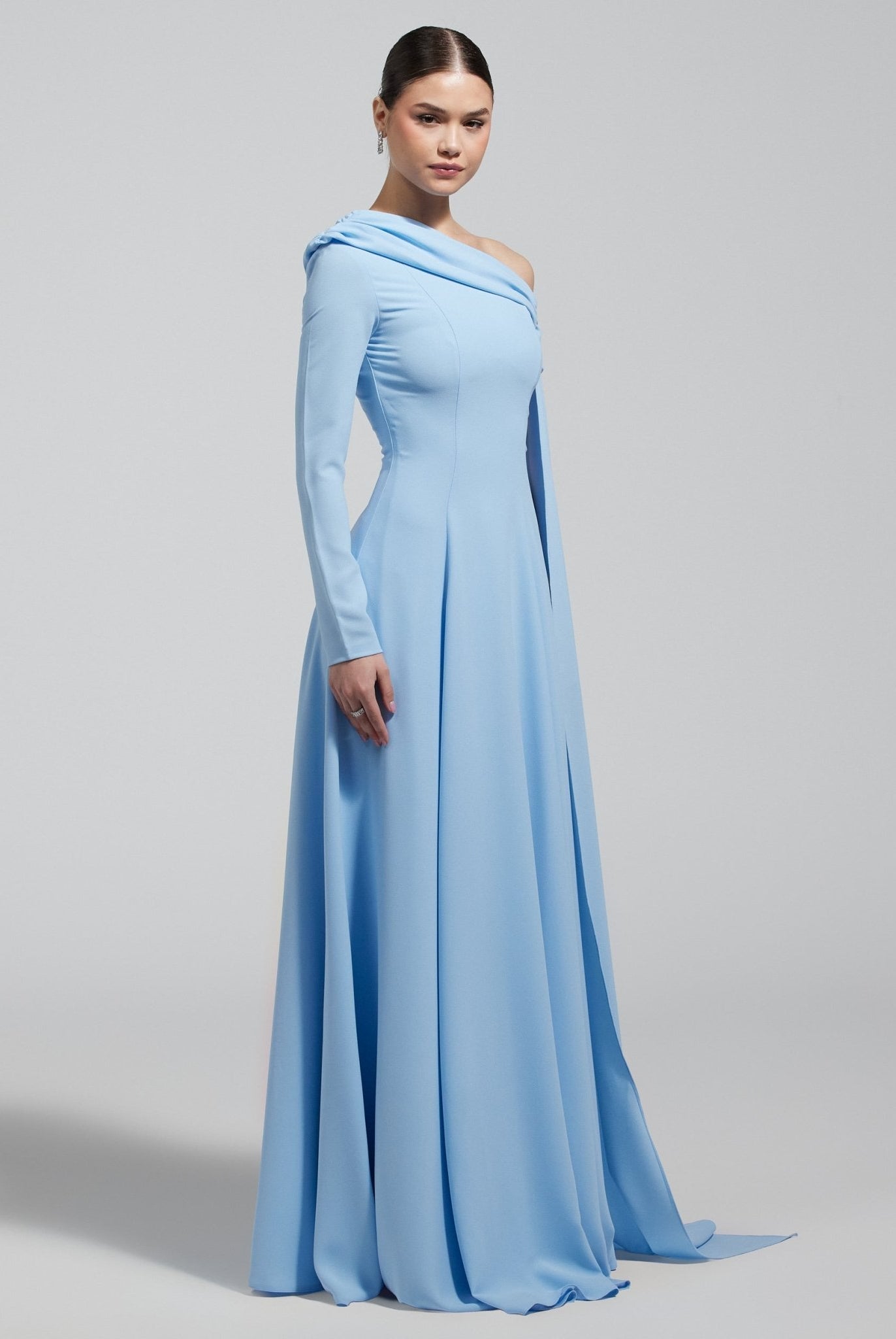Baby Blue One Shoulder Crepe Maxi Dress with Drape Sleeve - shopaleena