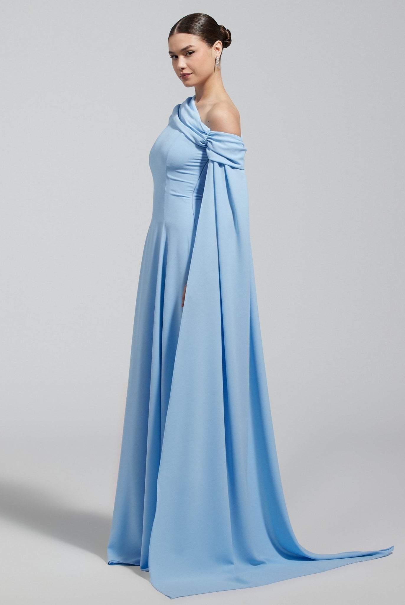 Baby Blue One Shoulder Crepe Maxi Dress with Drape Sleeve - shopaleena