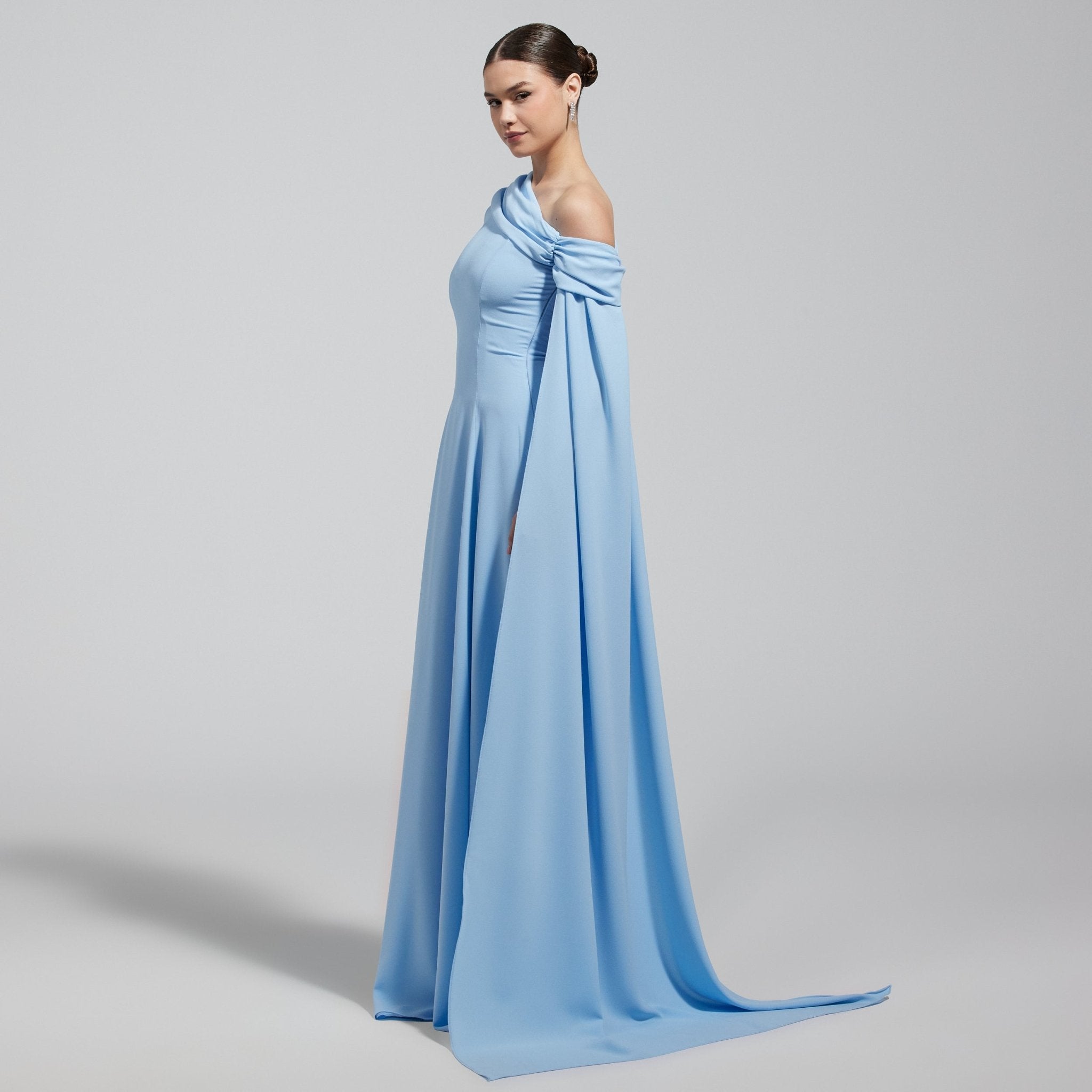 Baby Blue One Shoulder Crepe Maxi Dress with Drape Sleeve - shopaleena