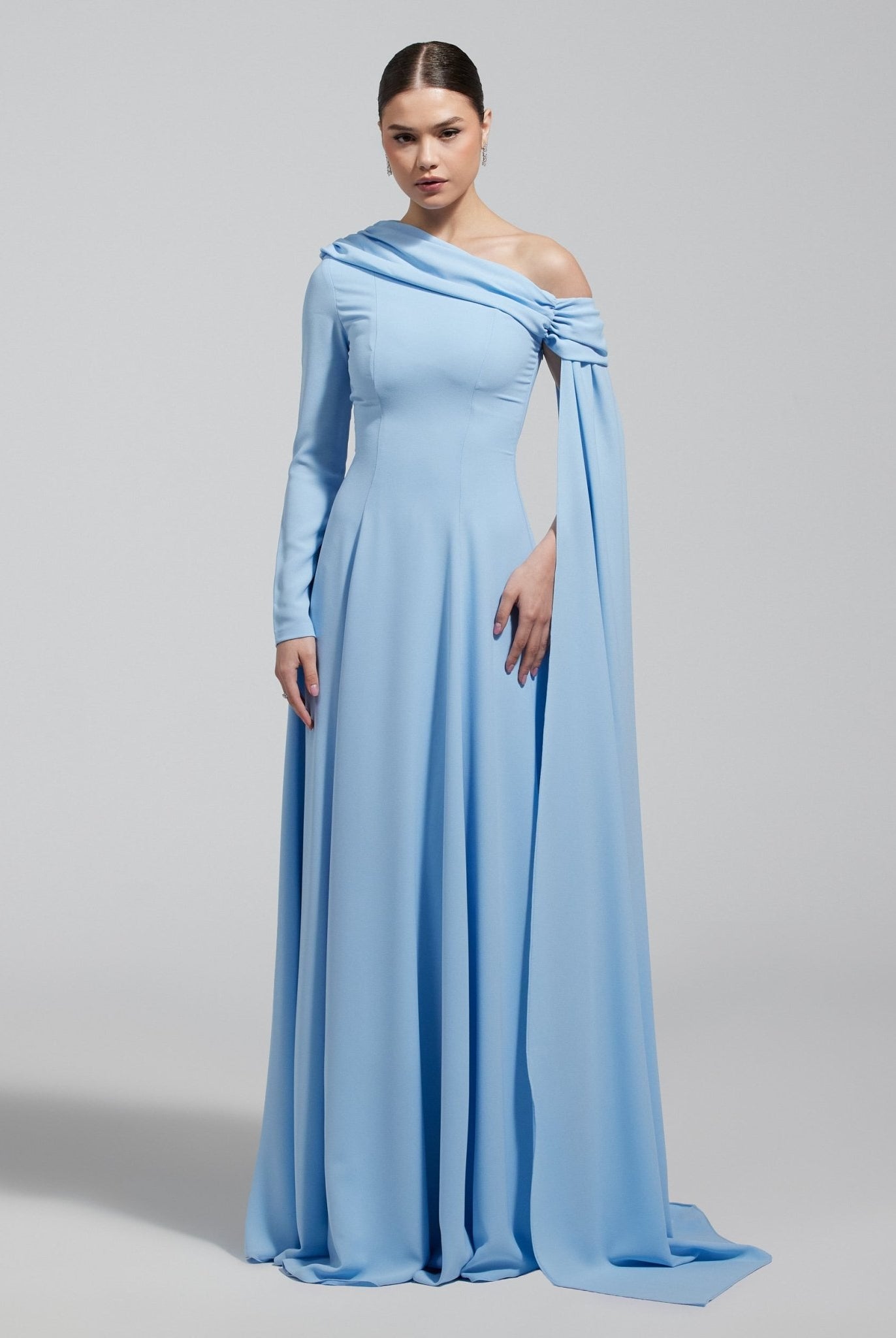 Baby Blue One Shoulder Crepe Maxi Dress with Drape Sleeve - shopaleena