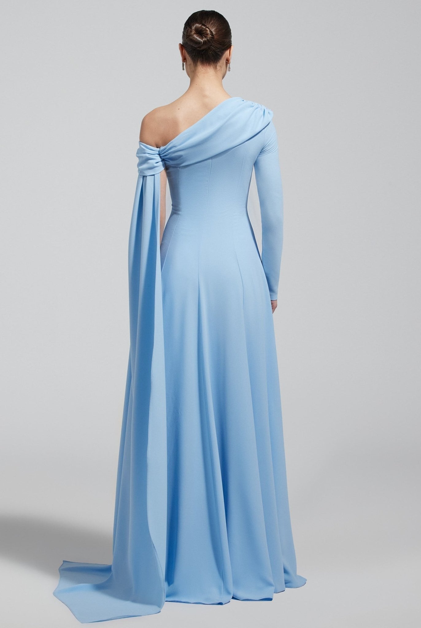 Baby Blue One Shoulder Crepe Maxi Dress with Drape Sleeve - shopaleena