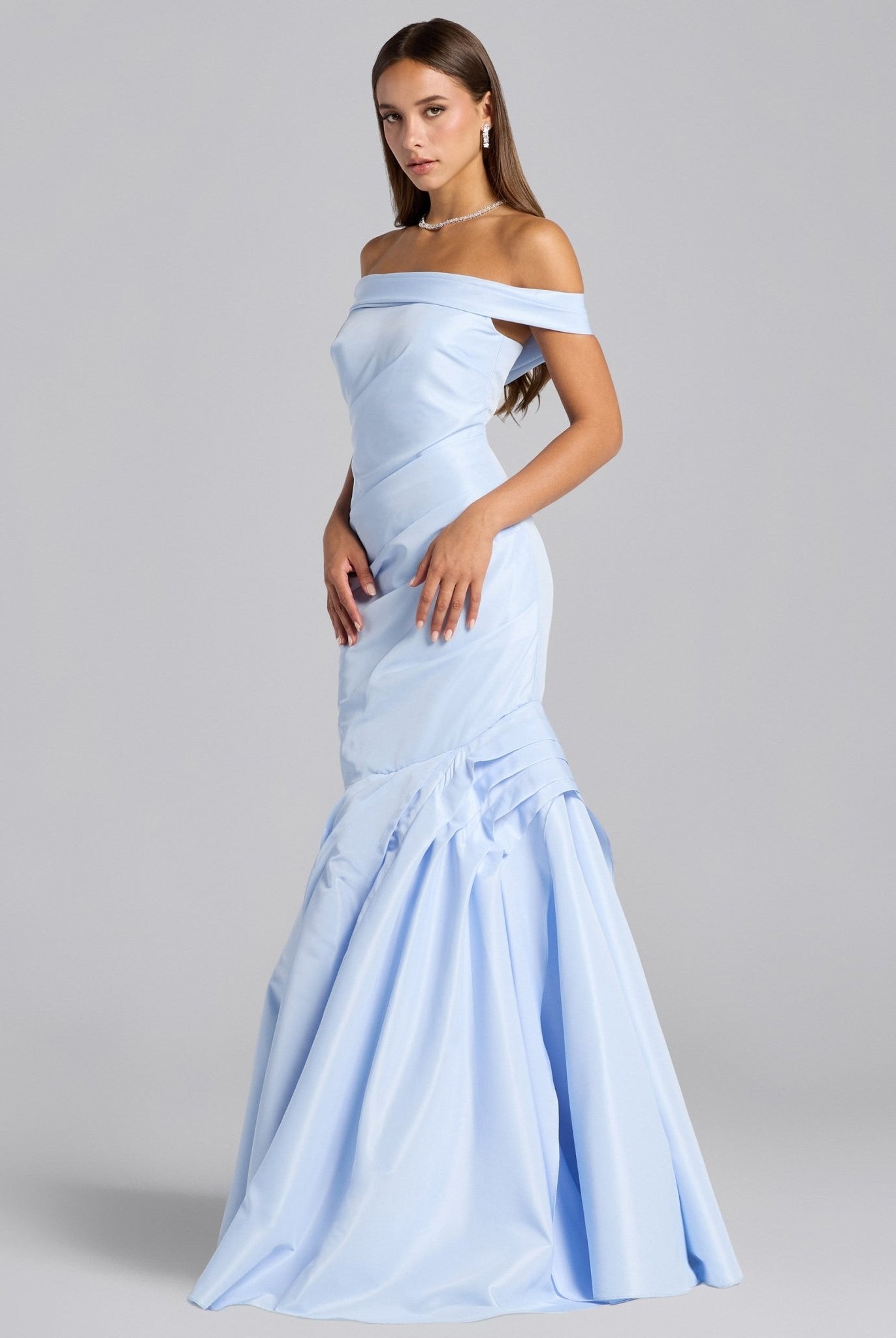 Baby Blue Taffeta Off Shoulder Dress with Ruffled Hem - shopaleena