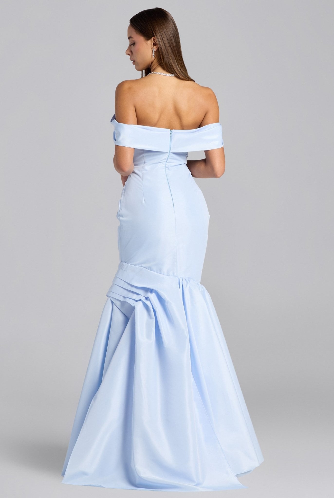 Baby Blue Taffeta Off Shoulder Dress with Ruffled Hem - shopaleena