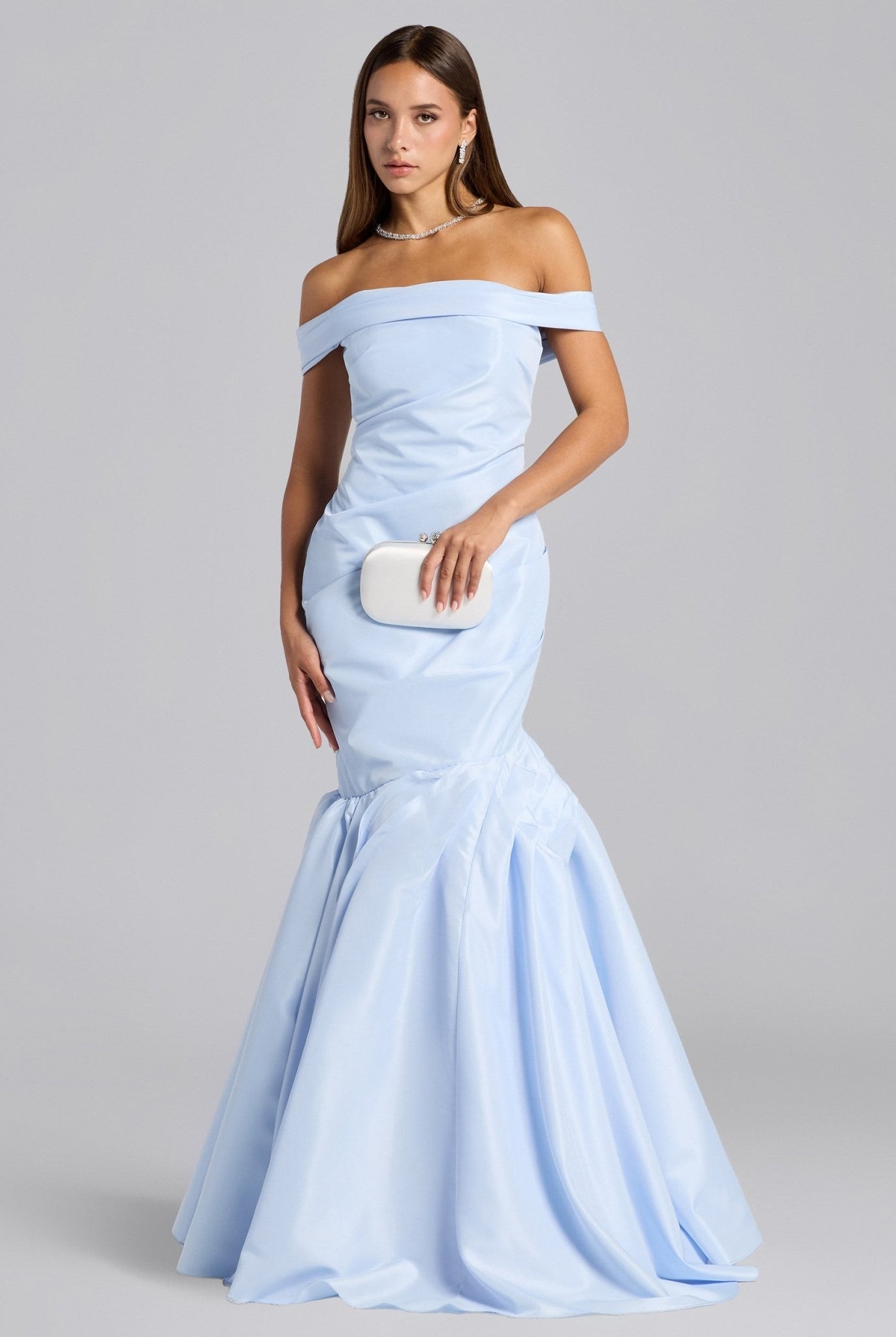 Baby Blue Taffeta Off Shoulder Dress with Ruffled Hem - shopaleena