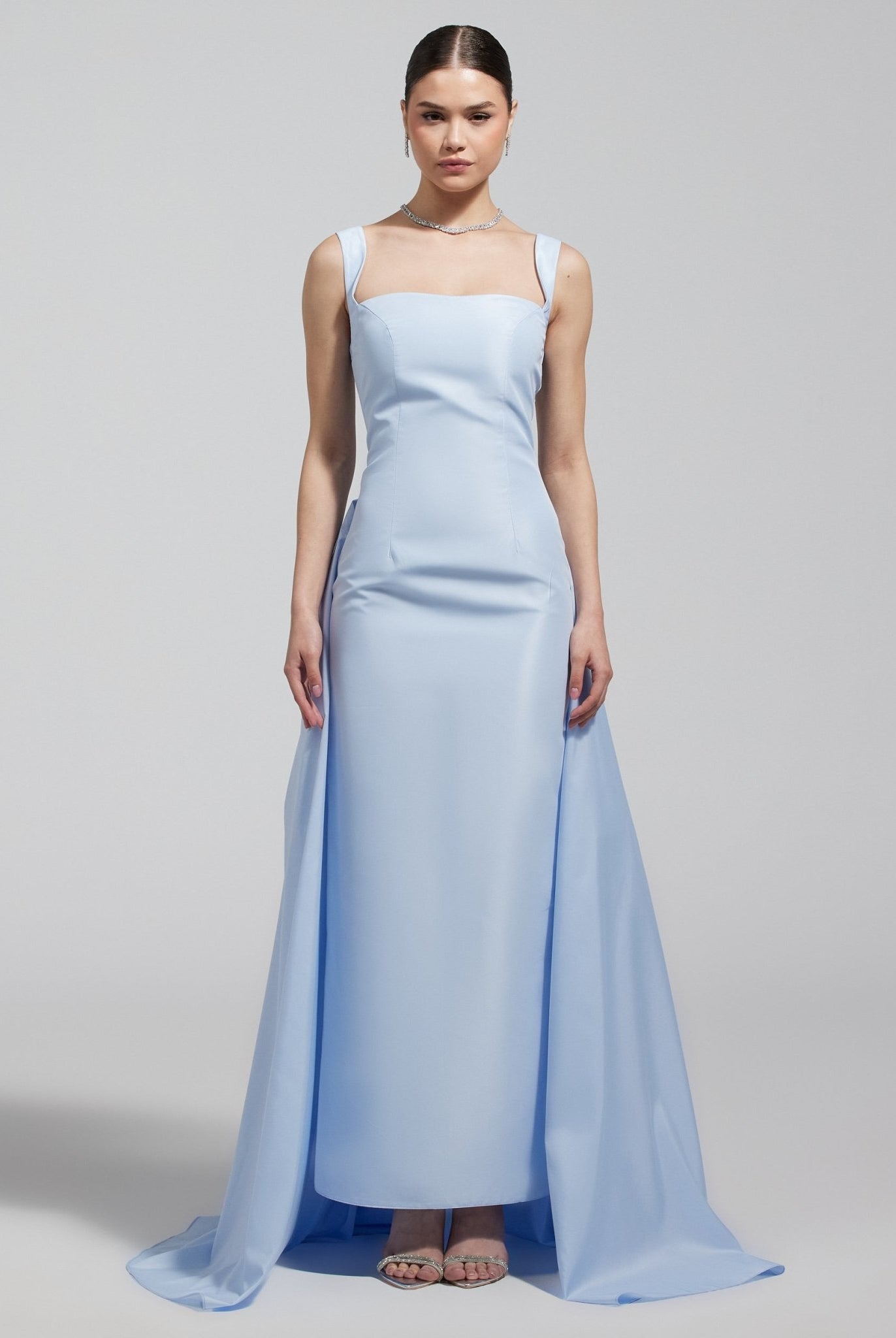 Baby Blue Taffeta Straight Gown with Back Overlay - shopaleena