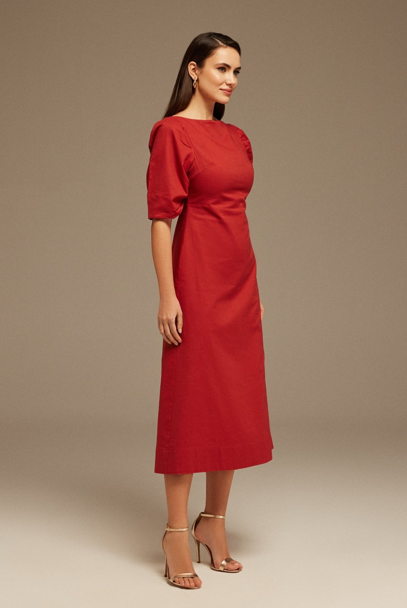 Balloon Sleeve Linen Cotton Midi Dress - shopaleena