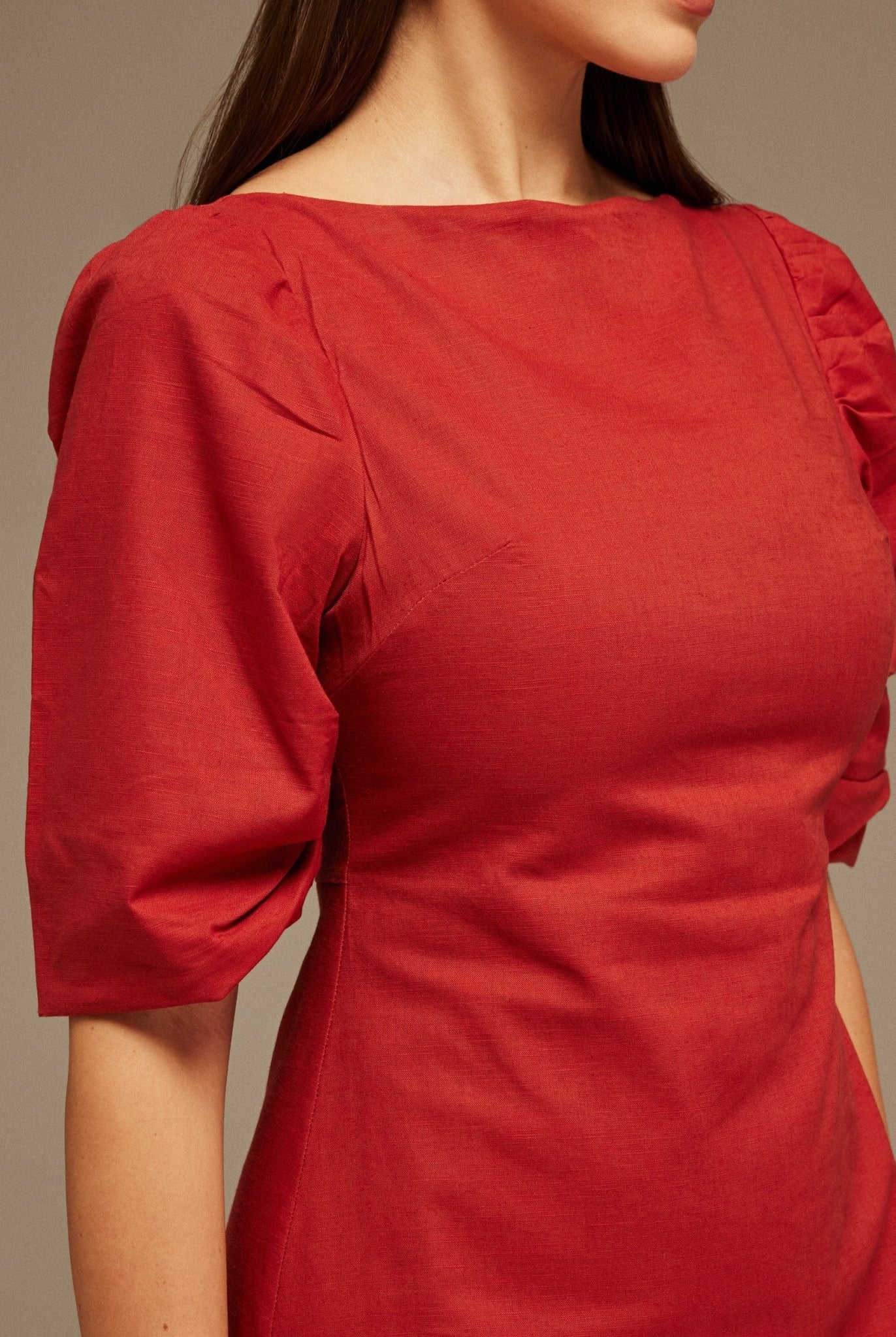 Balloon Sleeve Linen Cotton Midi Dress - shopaleena