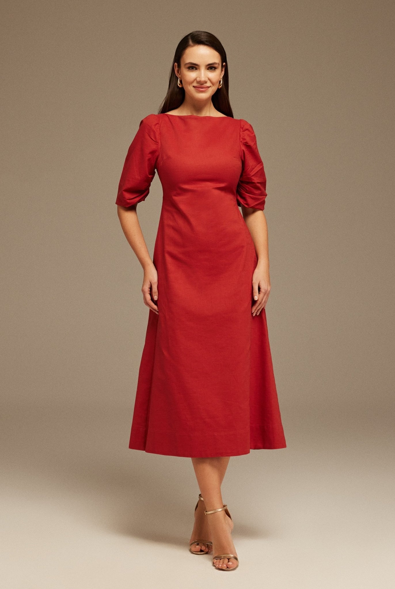 Balloon Sleeve Linen Cotton Midi Dress - shopaleena