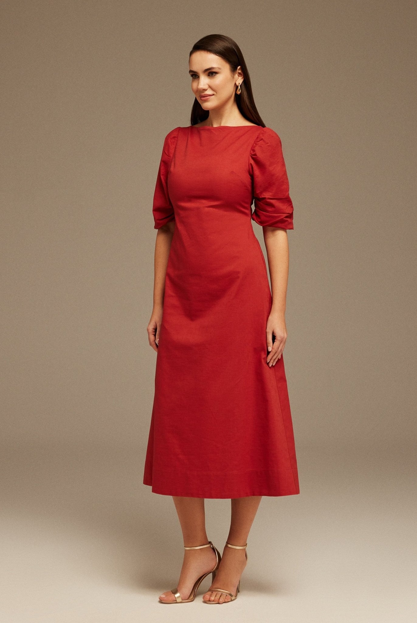 Balloon Sleeve Linen Cotton Midi Dress - shopaleena