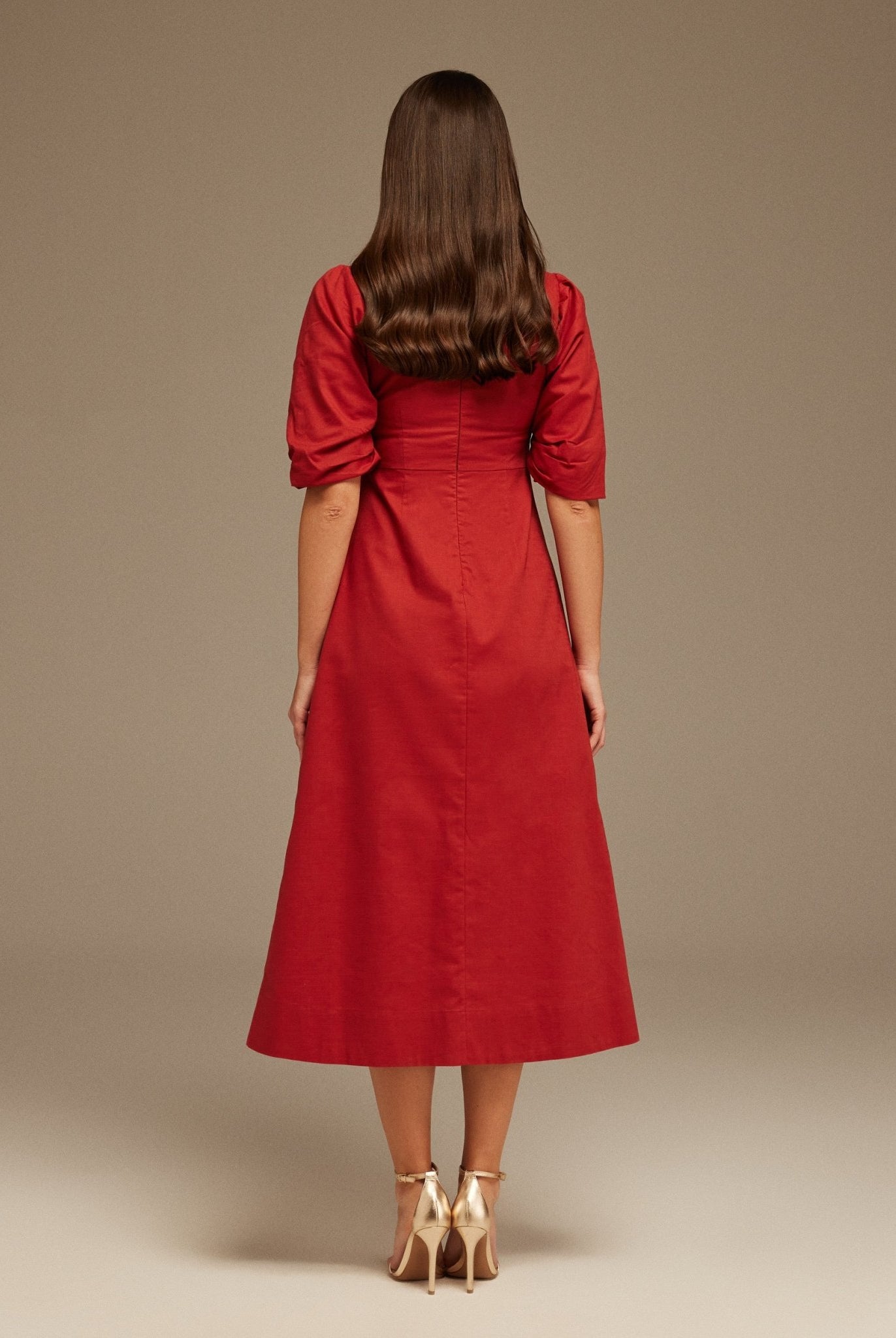 Balloon Sleeve Linen Cotton Midi Dress - shopaleena