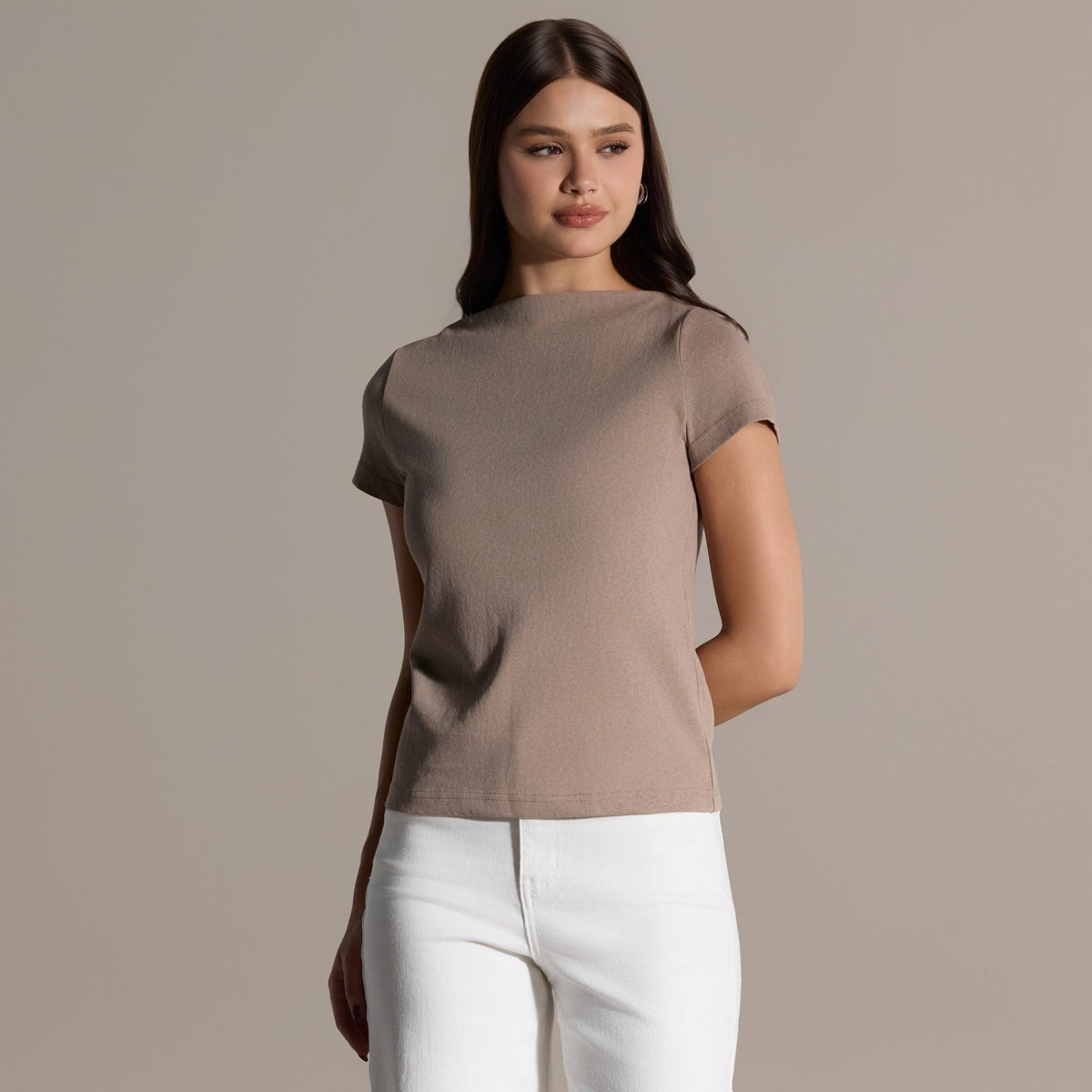 Beige Boat Neck Fitted Top - shopaleena