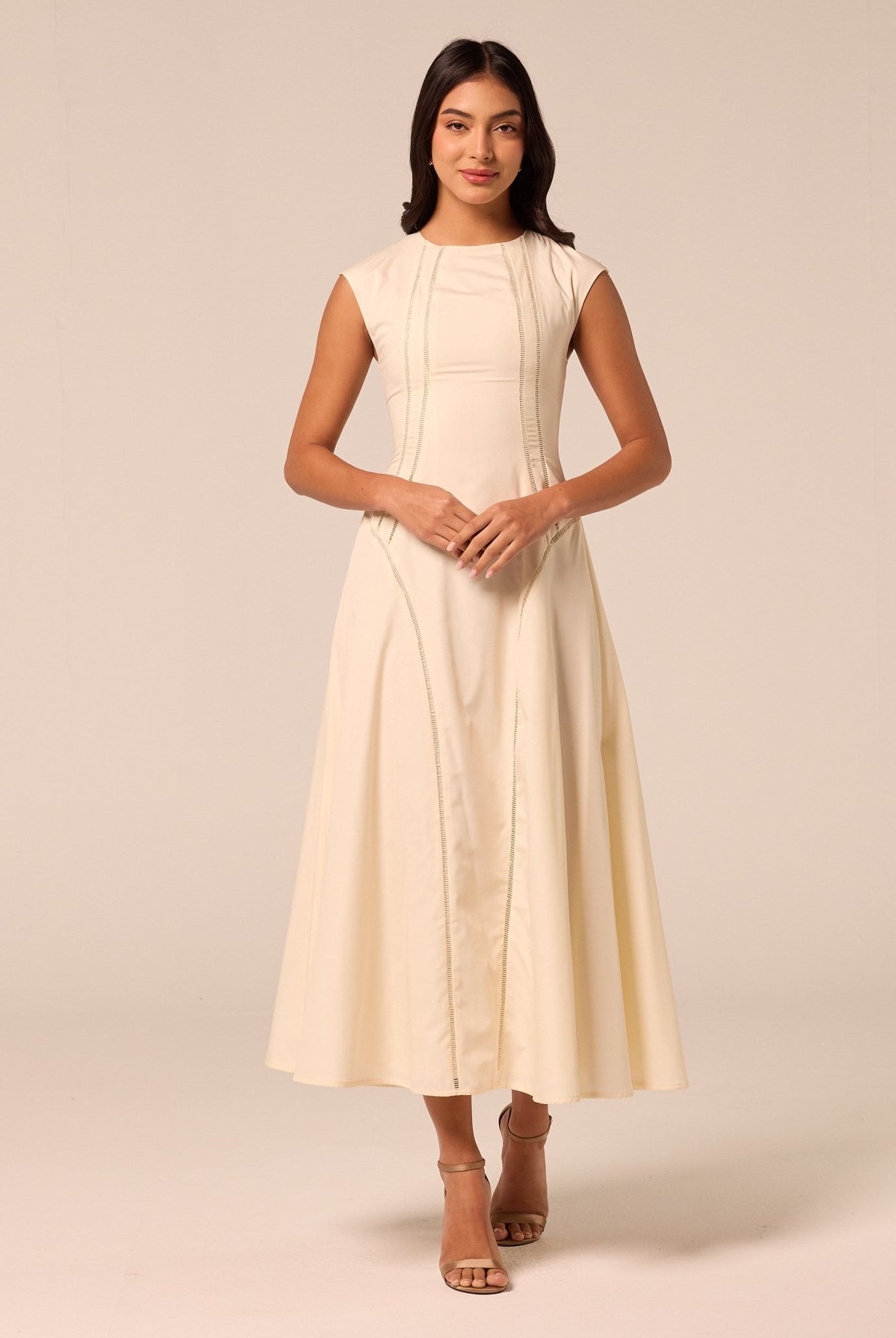 Beige Cap Sleeve Cutwork Maxi Dress - shopaleena