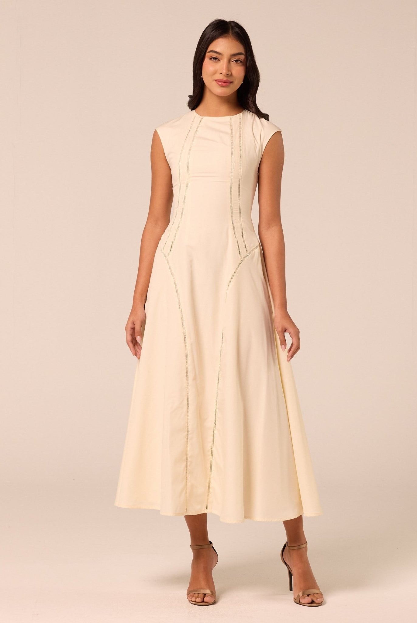 Beige Cap Sleeve Cutwork Maxi Dress - shopaleena