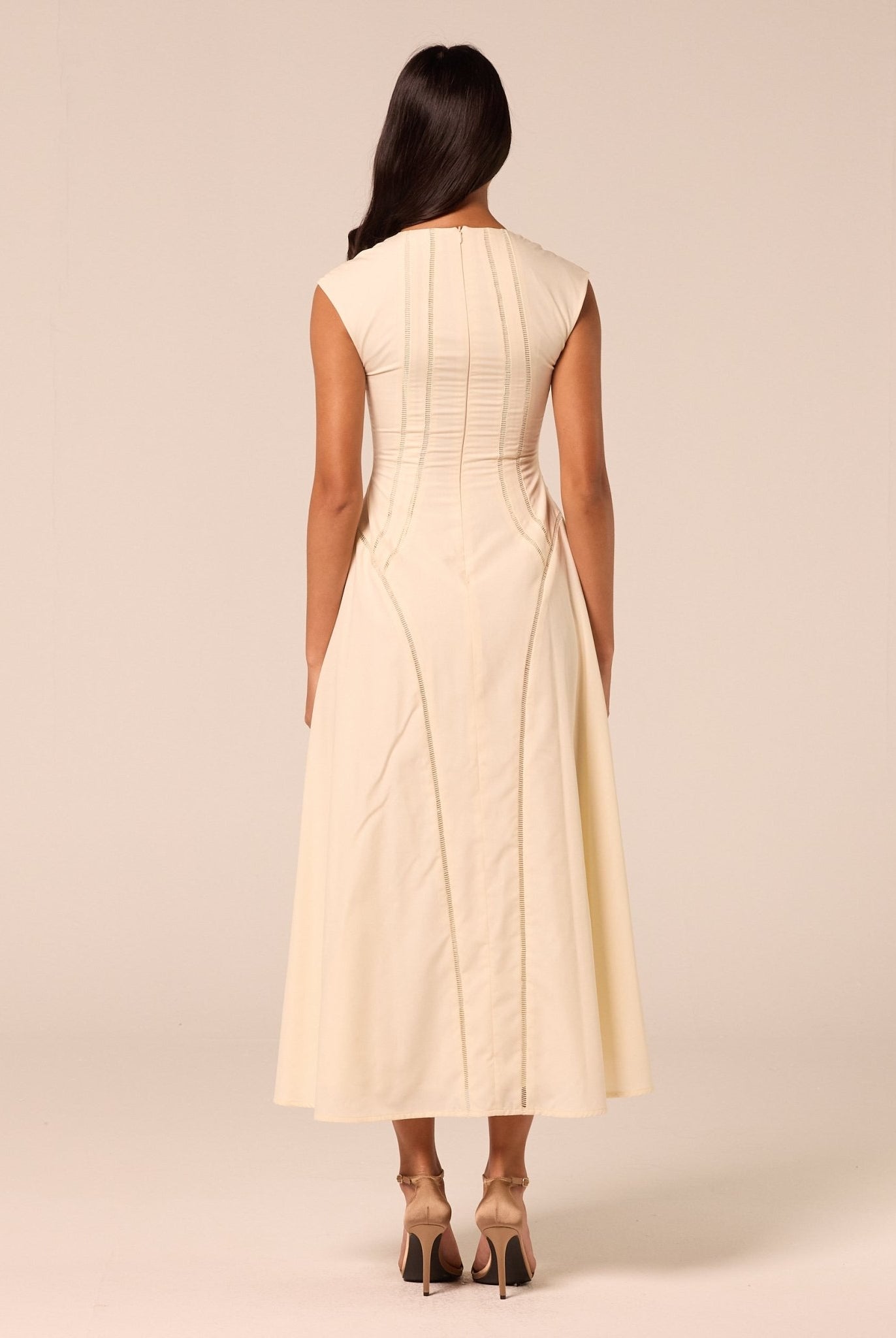 Beige Cap Sleeve Cutwork Maxi Dress - shopaleena
