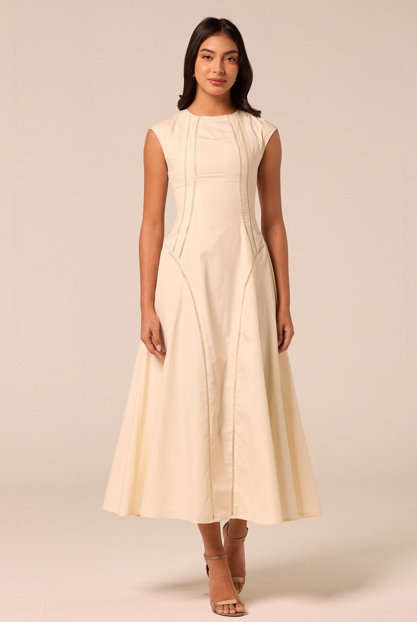 Beige Cap Sleeve Cutwork Maxi Dress - shopaleena