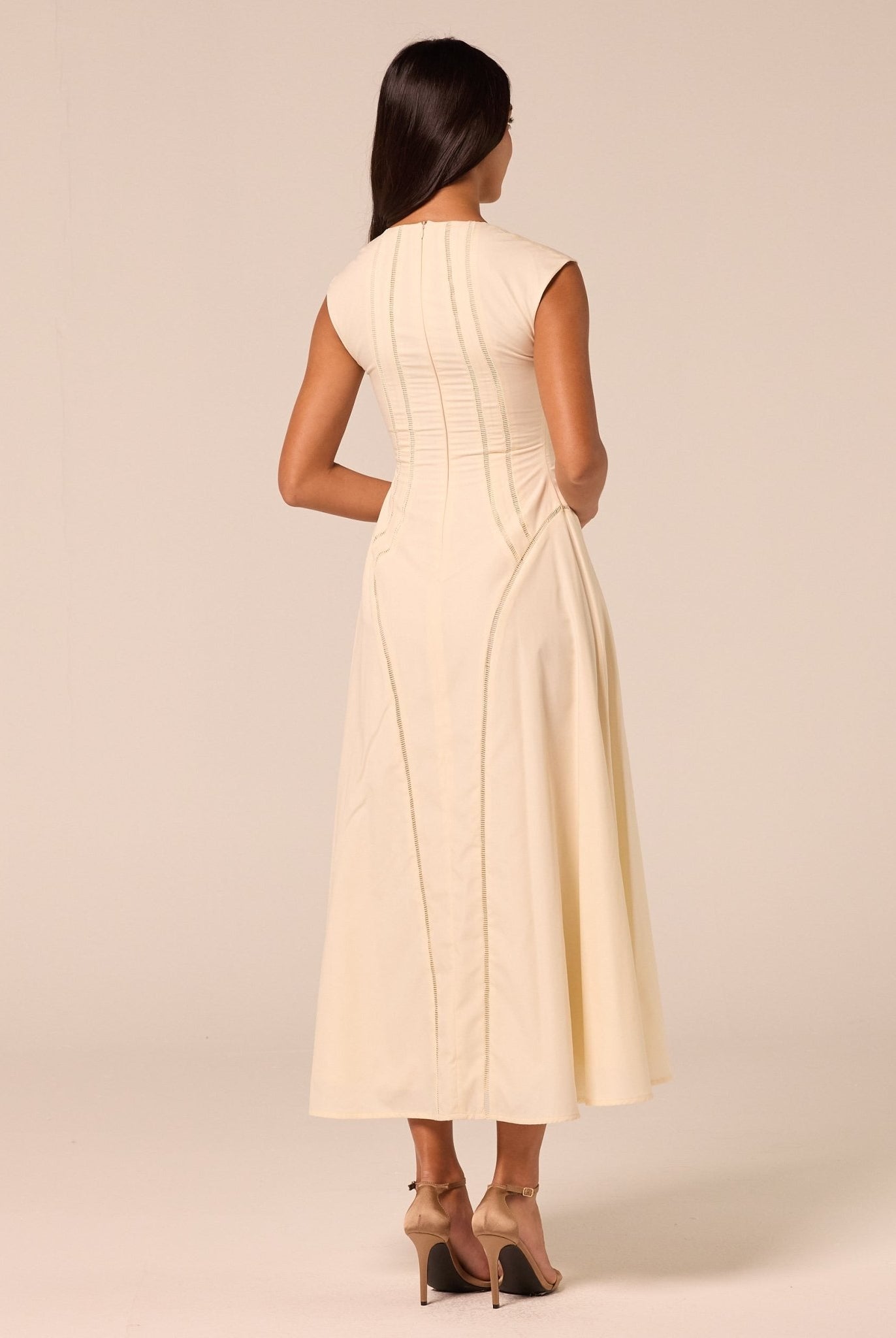 Beige Cap Sleeve Cutwork Maxi Dress - shopaleena