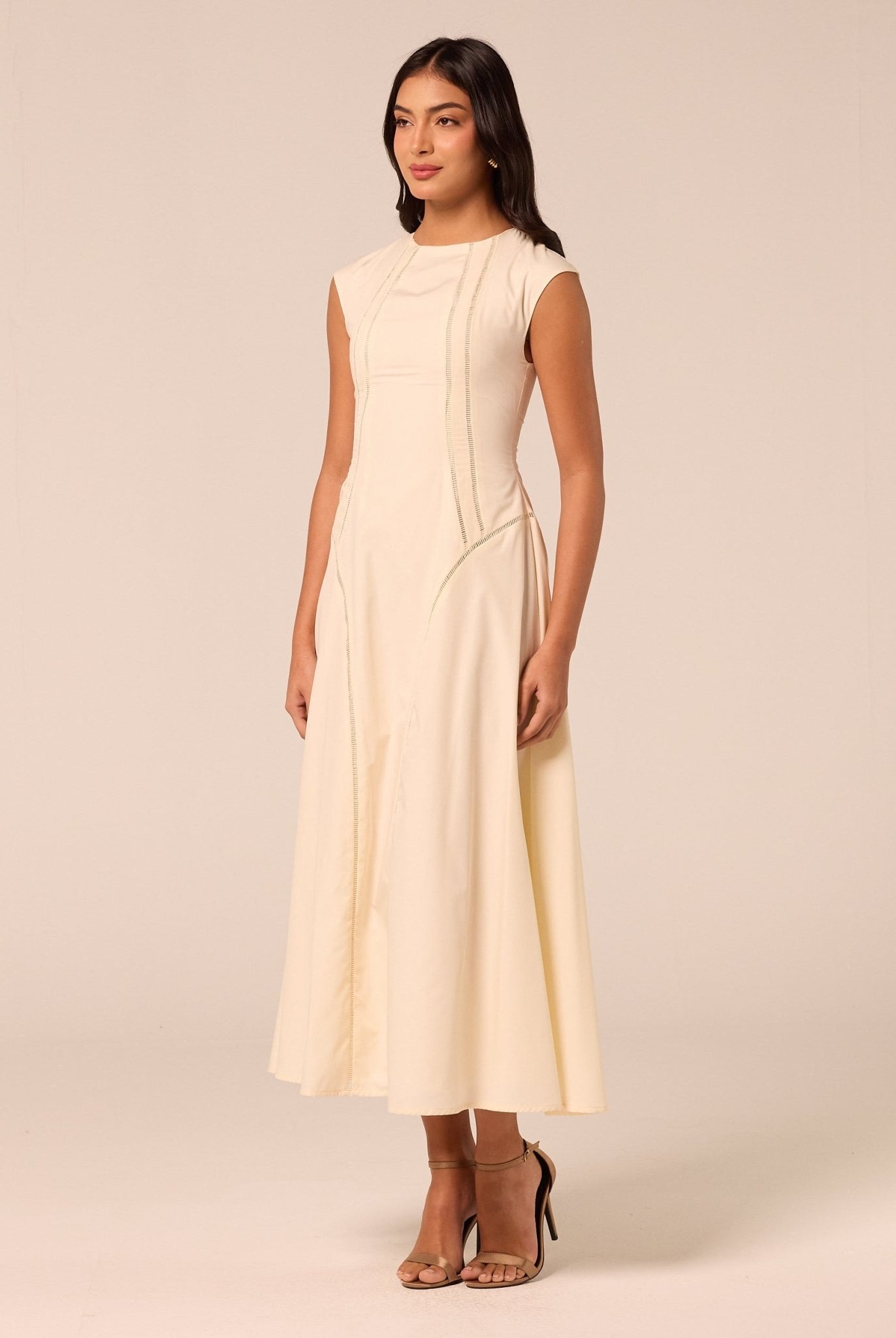 Beige Cap Sleeve Cutwork Maxi Dress - shopaleena