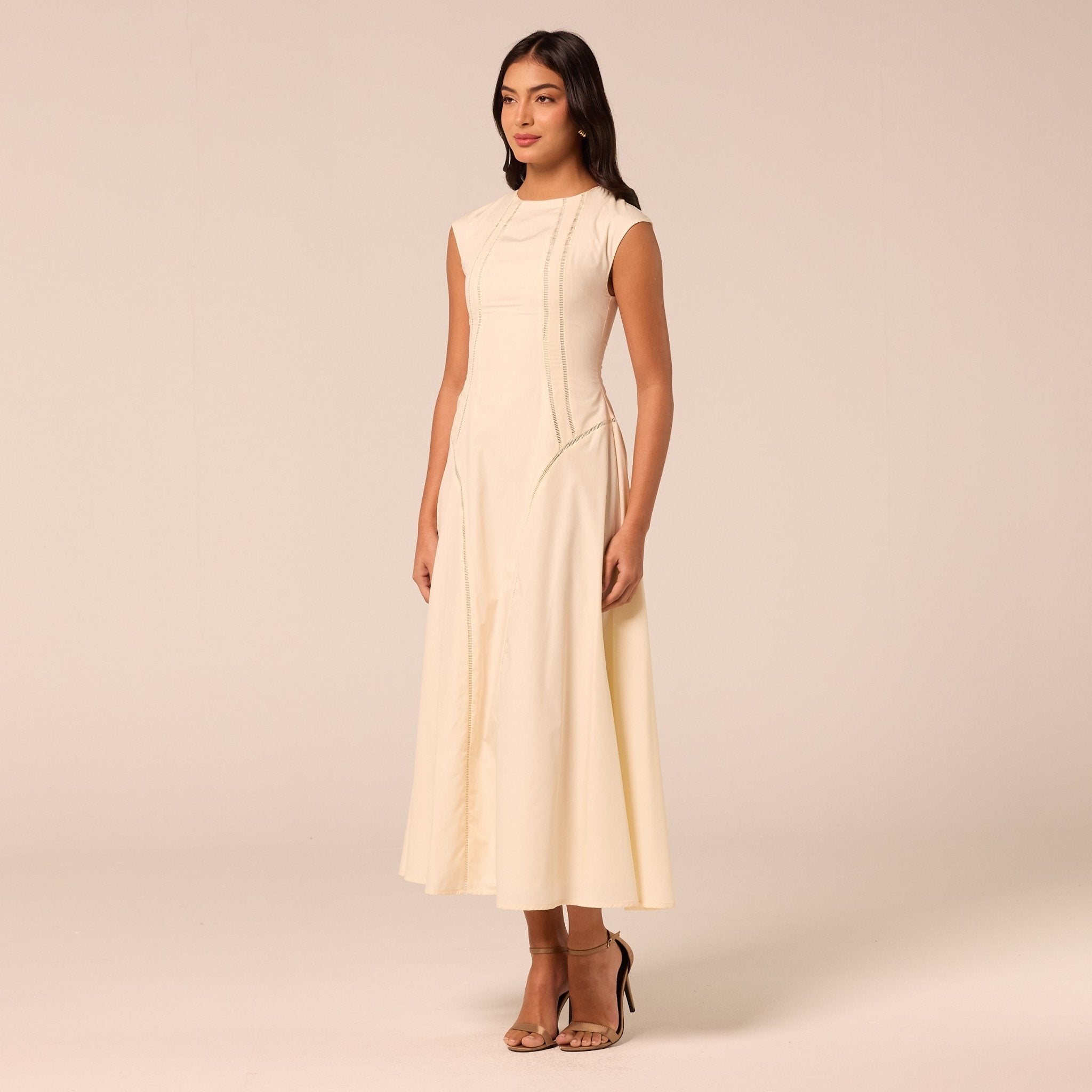 Beige Cap Sleeve Cutwork Maxi Dress - shopaleena