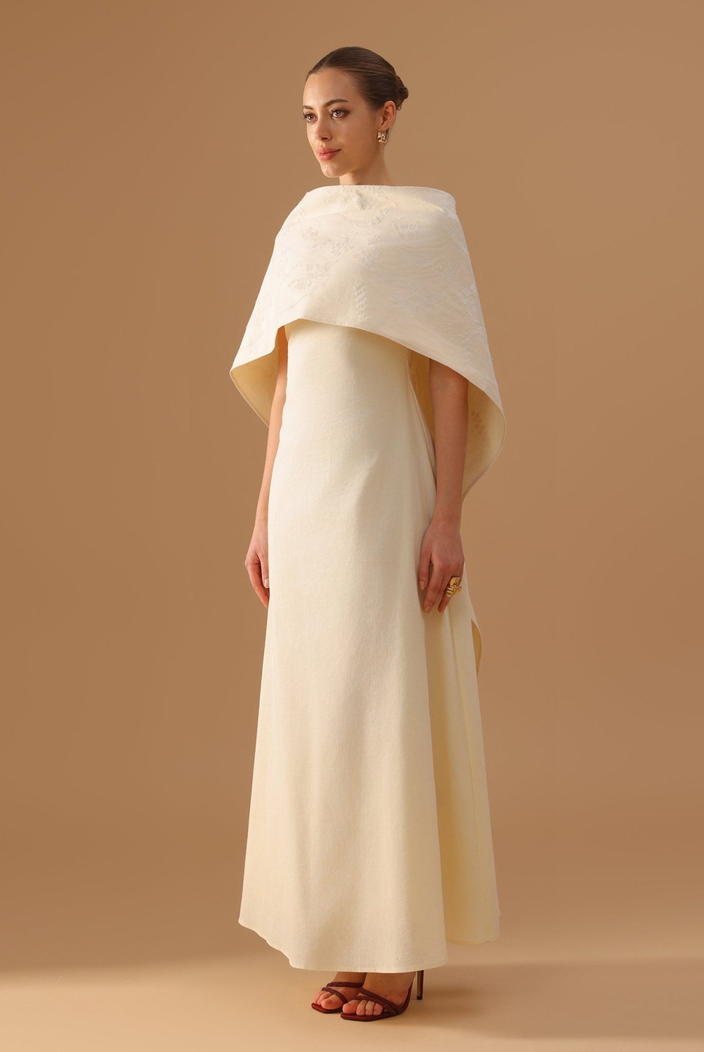 Beige Cape Aline Cotton Maxi Dress - shopaleena