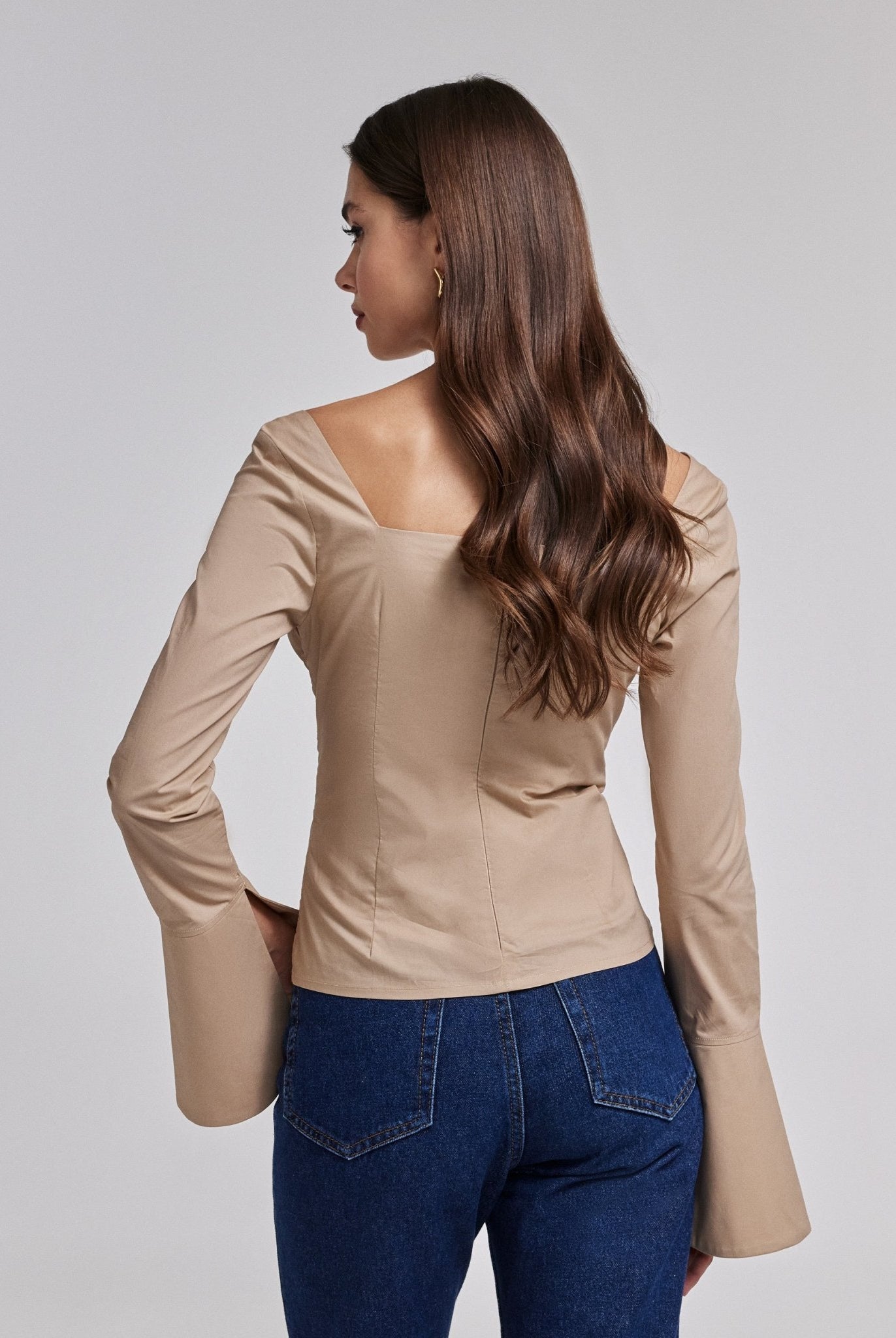 Beige Cotton Square Neck Long Sleeve Top - shopaleena