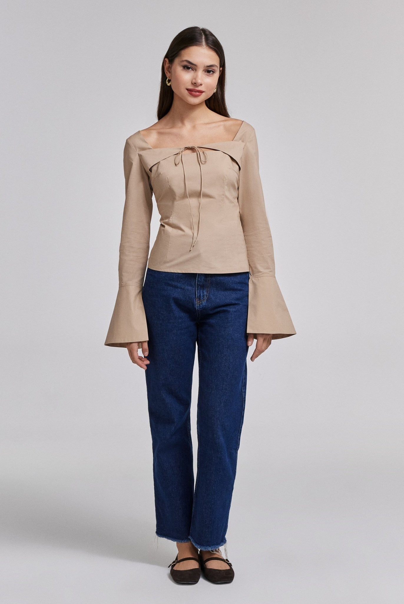 Beige Cotton Square Neck Long Sleeve Top - shopaleena