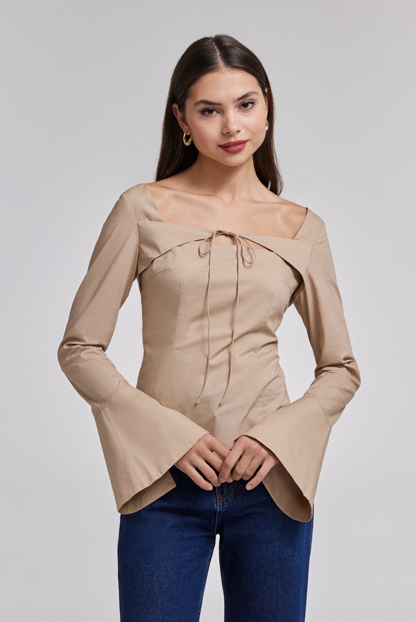 Beige Cotton Square Neck Long Sleeve Top - shopaleena