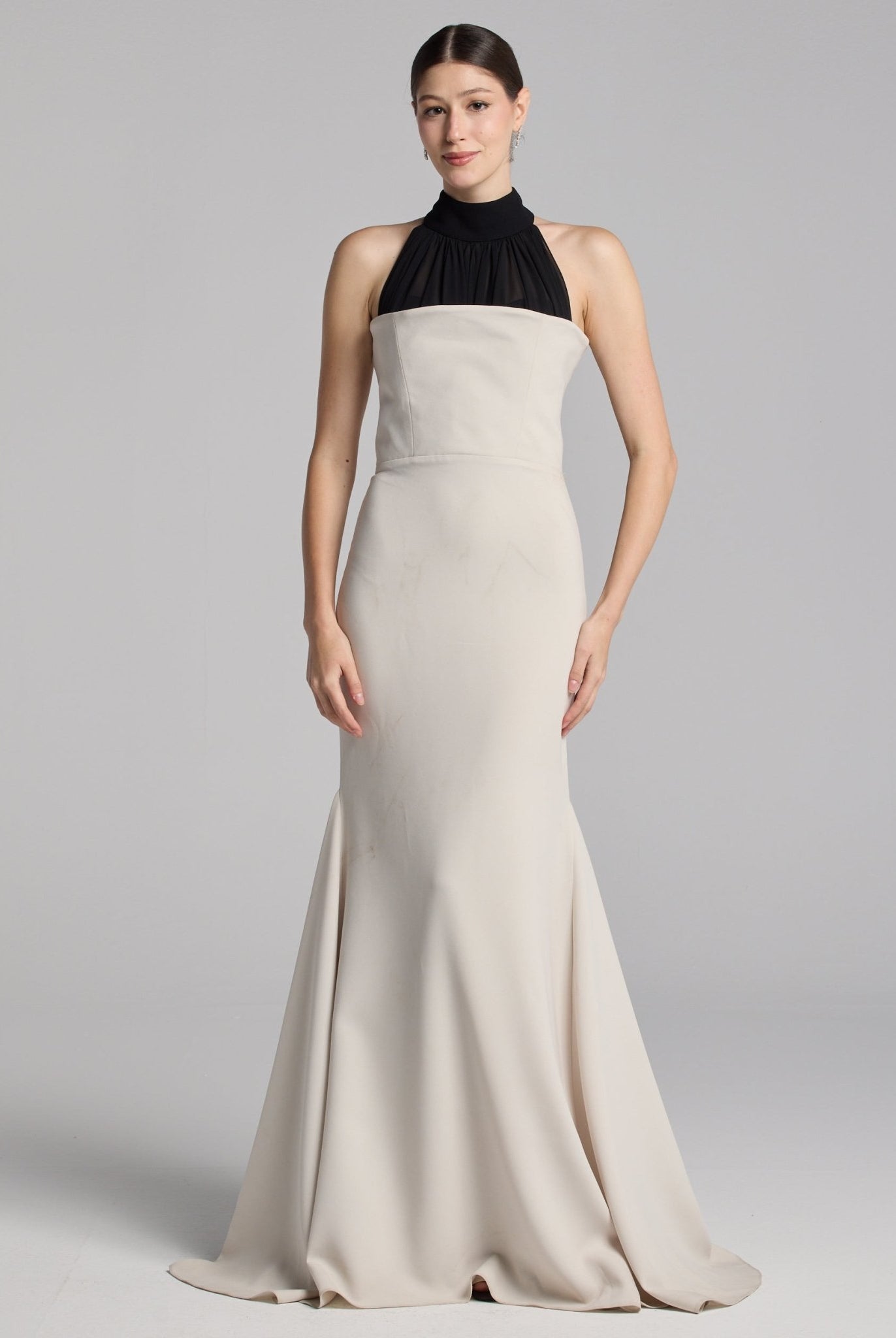 Beige Crepe Gown with Black Chiffon Scarf - shopaleena