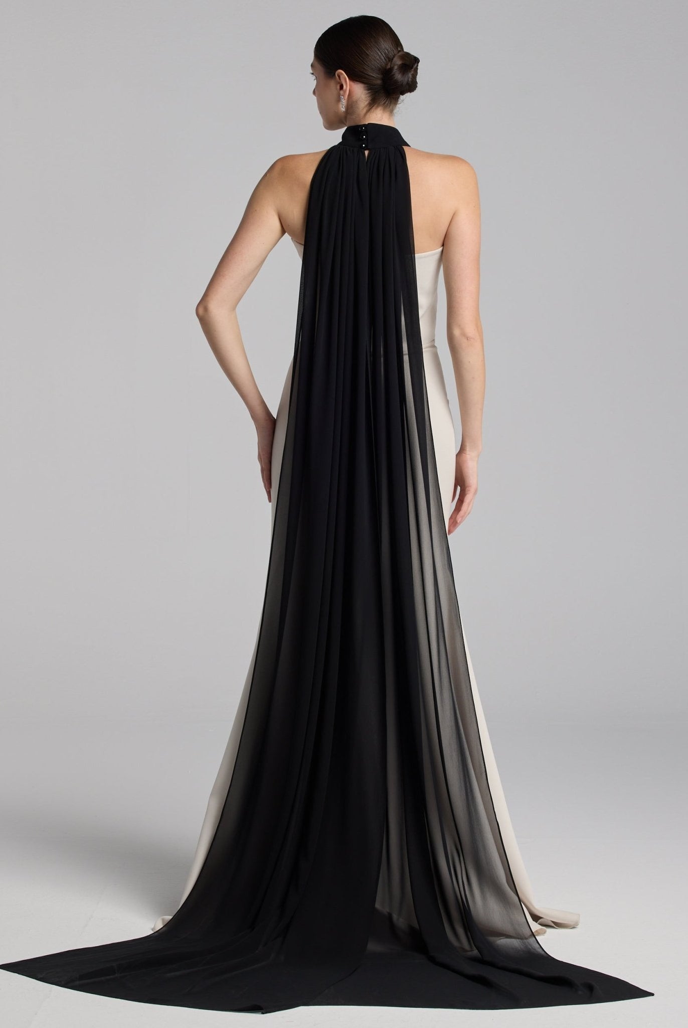 Beige Crepe Gown with Black Chiffon Scarf - shopaleena