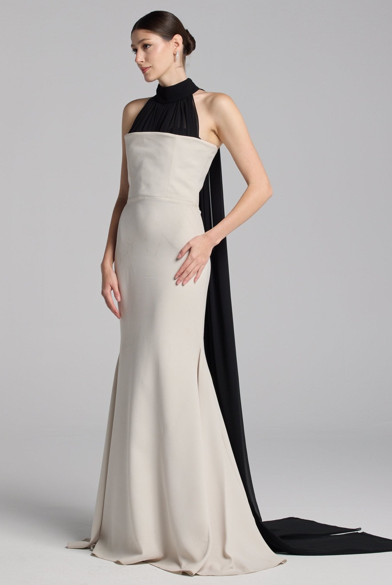 Beige Crepe Gown with Black Chiffon Scarf - shopaleena