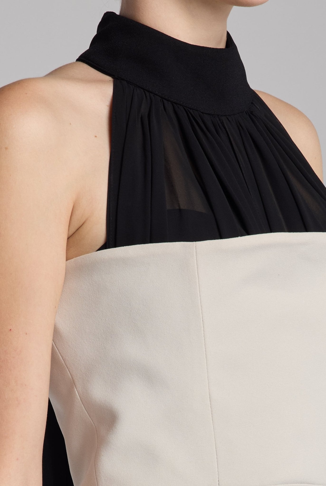 Beige Crepe Gown with Black Chiffon Scarf - shopaleena