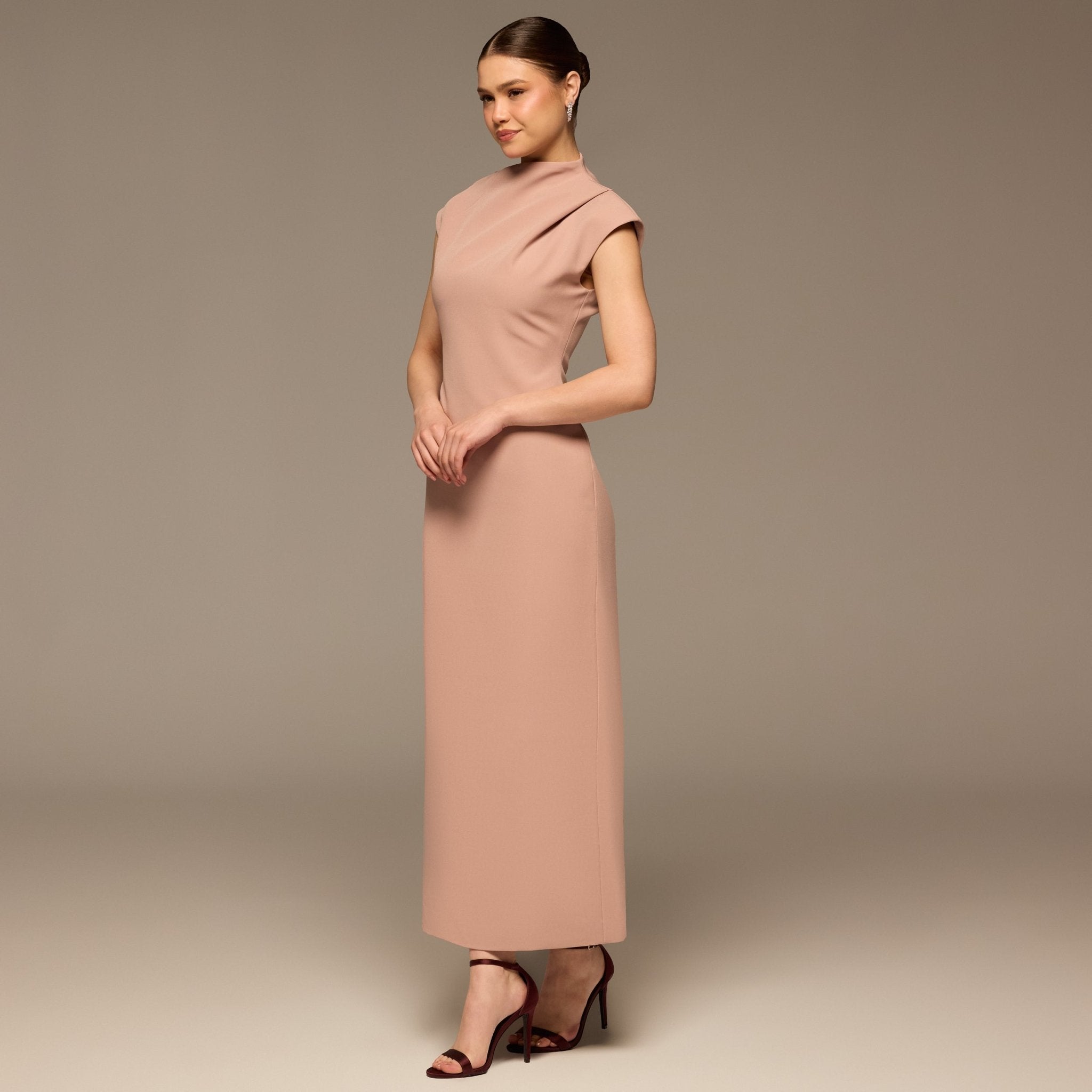 Beige Draped Shoulder Short Sleeve Midi Dress - shopaleena