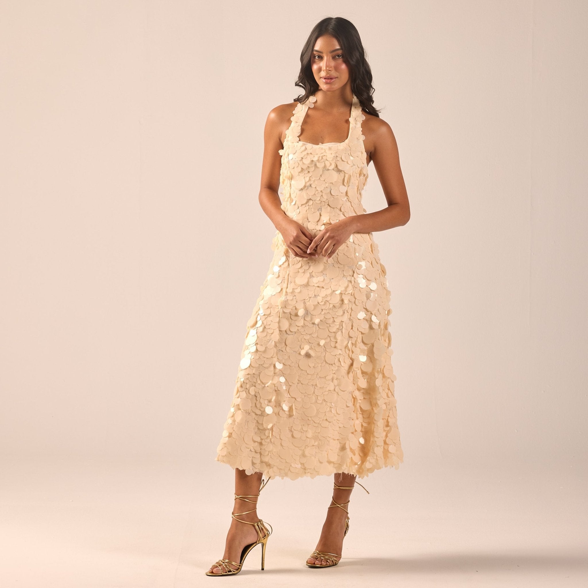 Beige Embellished Halter Neck Sequin Midi Dress - shopaleena