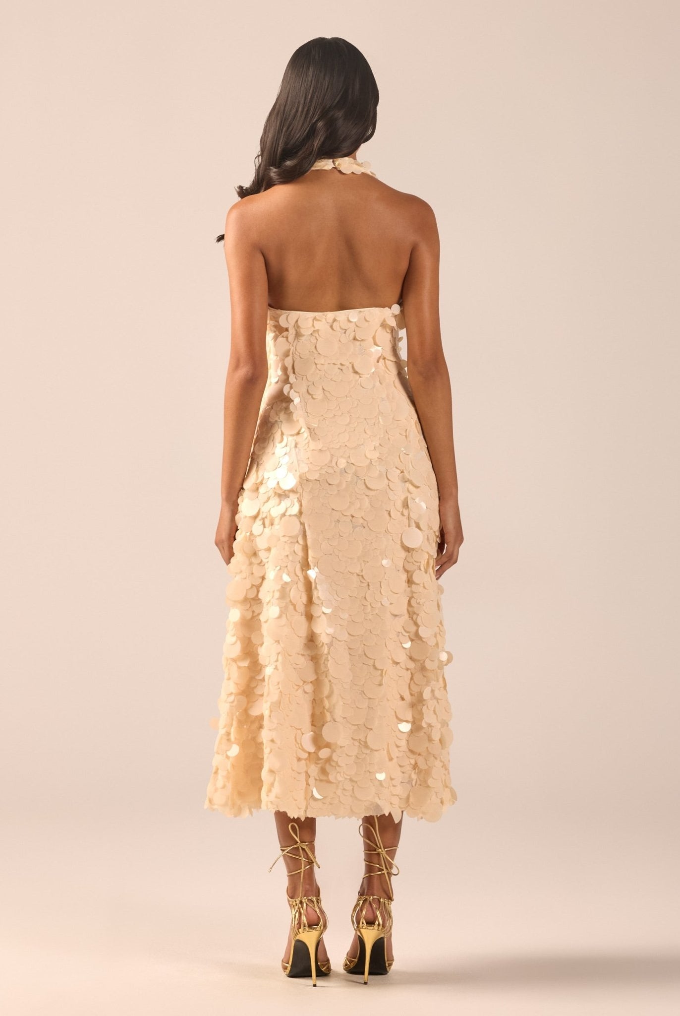 Beige Embellished Halter Neck Sequin Midi Dress - shopaleena