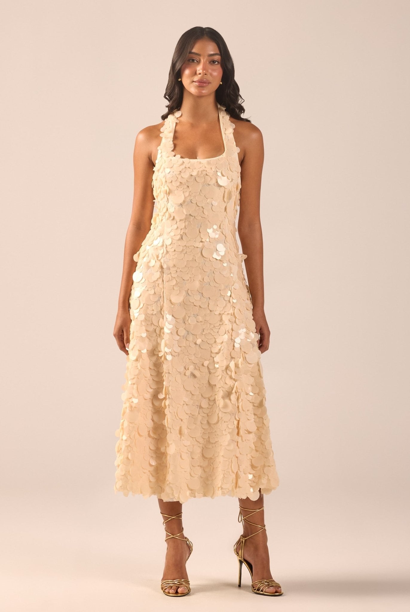Beige Embellished Halter Neck Sequin Midi Dress - shopaleena