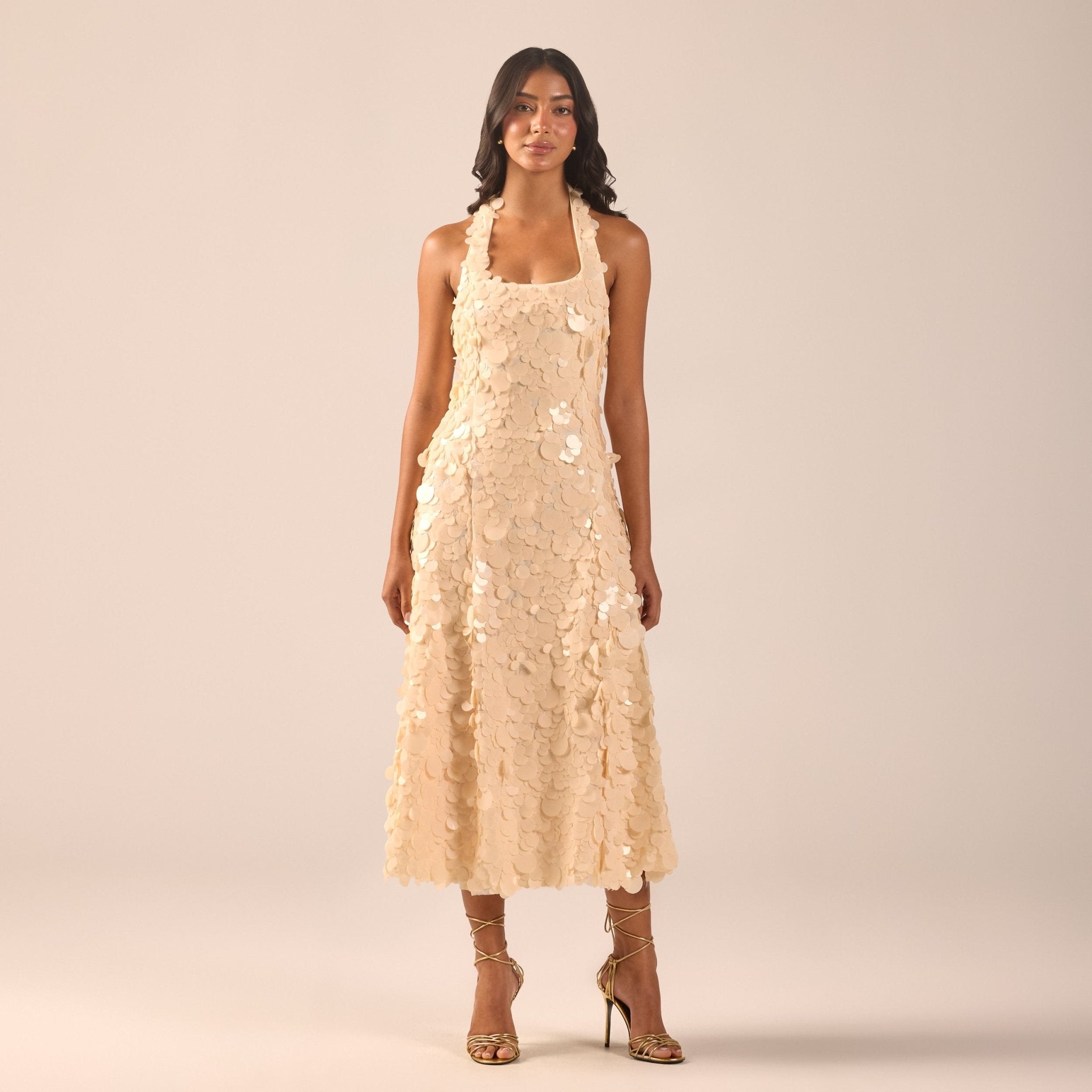 Beige Embellished Halter Neck Sequin Midi Dress - shopaleena