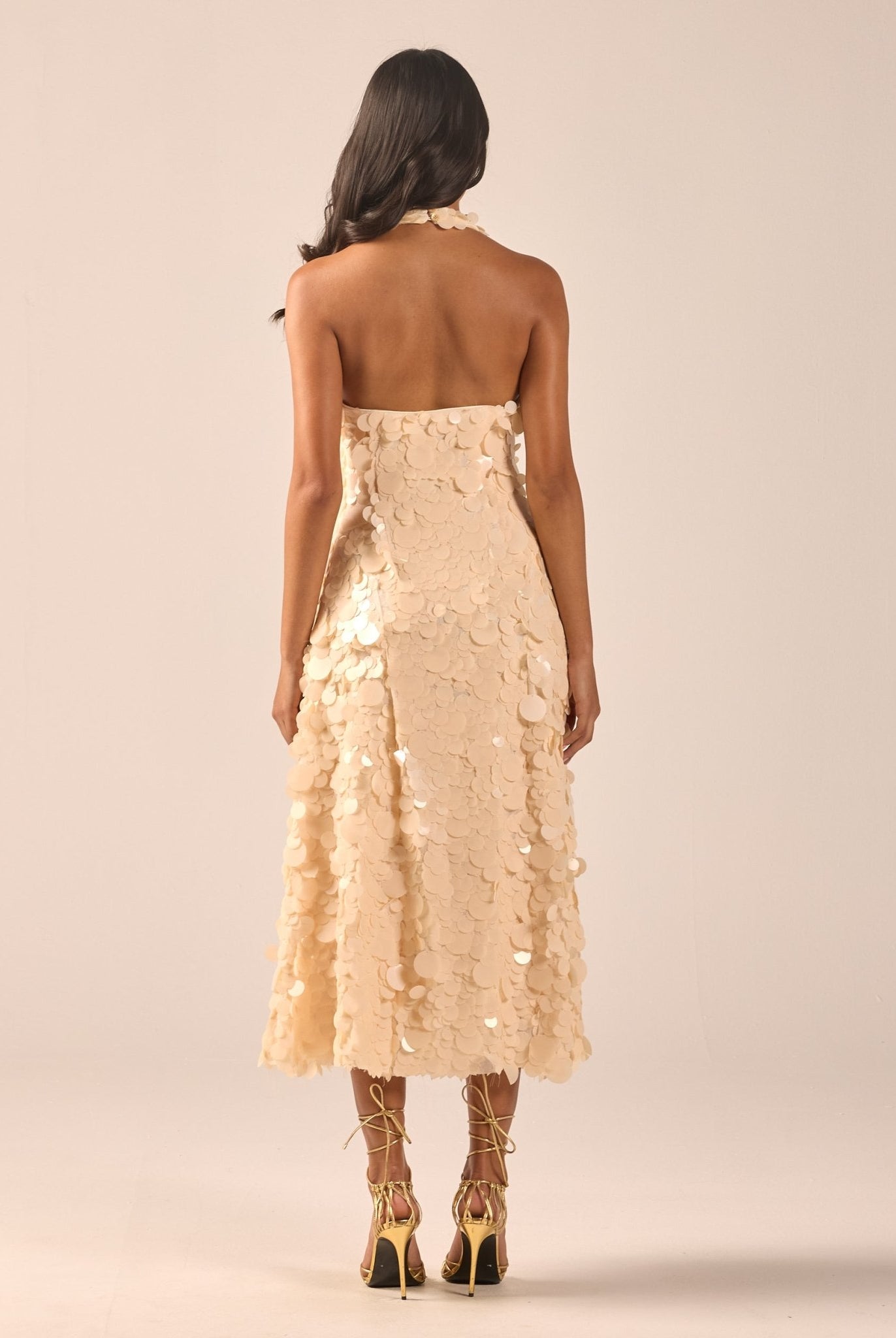 Beige Embellished Halter Neck Sequin Midi Dress - shopaleena