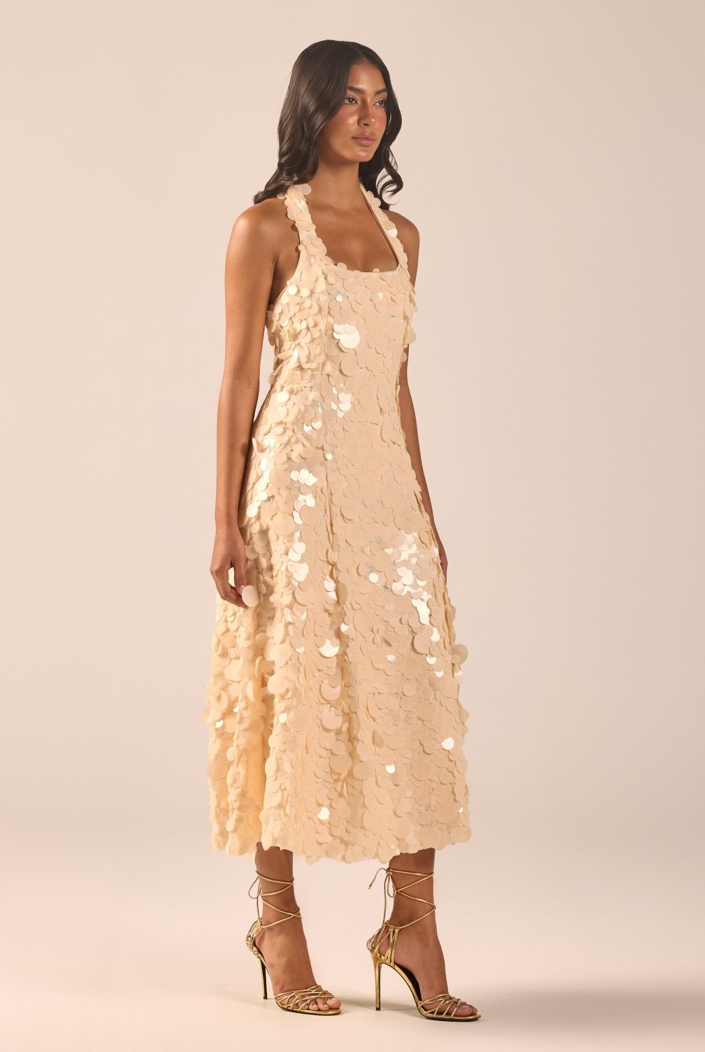 Beige Embellished Halter Neck Sequin Midi Dress - shopaleena
