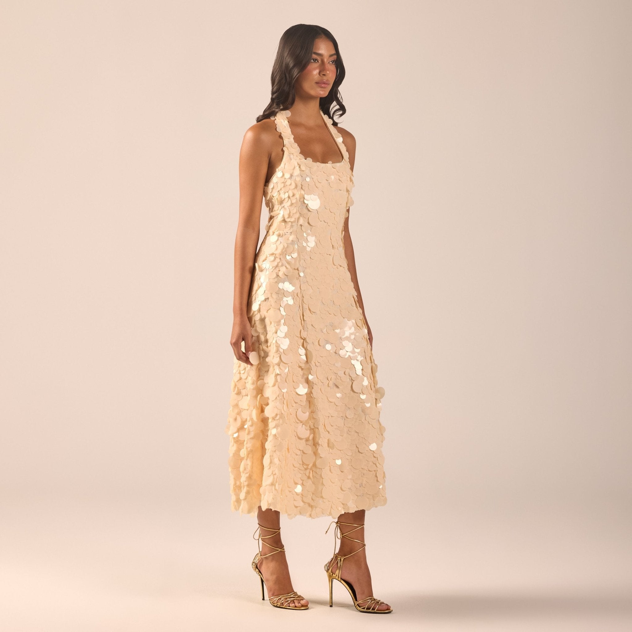Beige Embellished Halter Neck Sequin Midi Dress - shopaleena