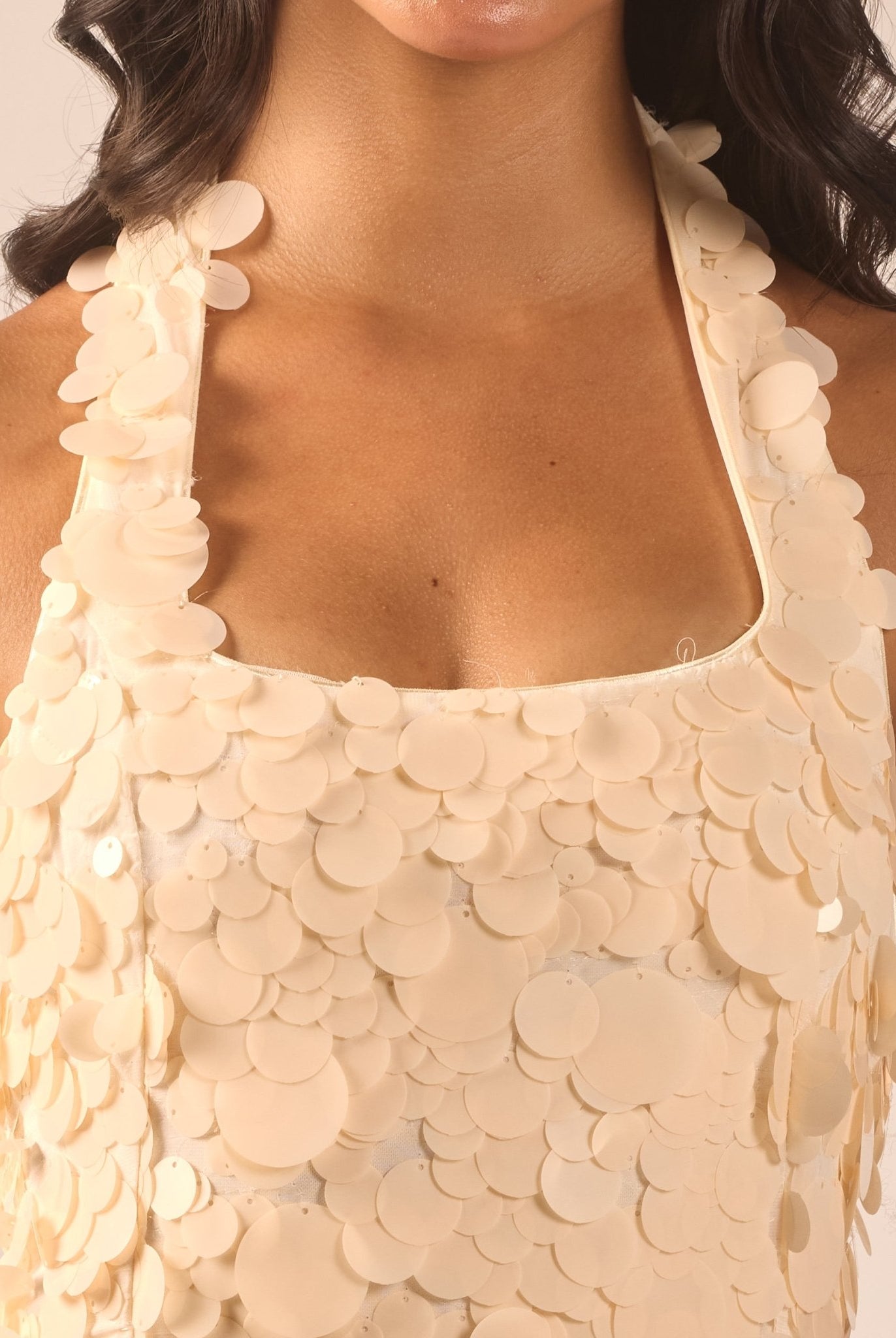 Beige Embellished Halter Neck Sequin Midi Dress - shopaleena