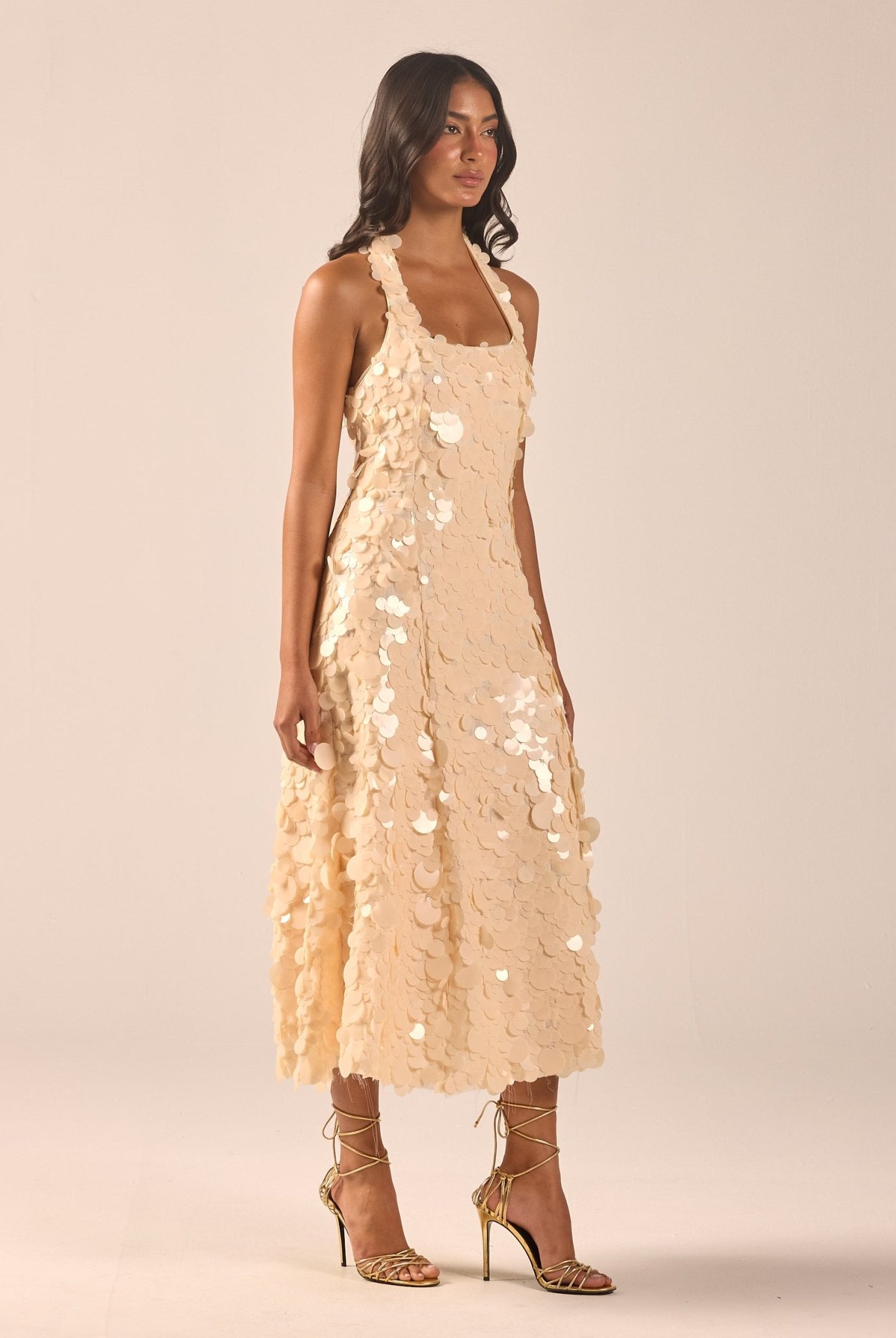 Beige Embellished Halter Neck Sequin Midi Dress - shopaleena