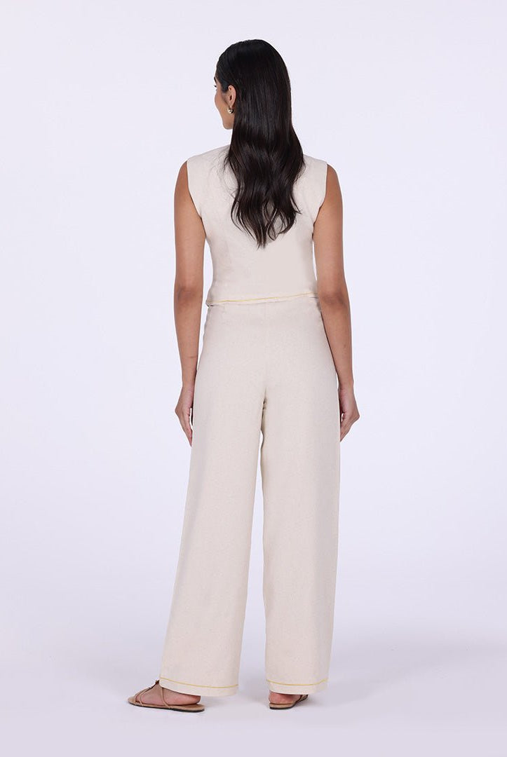 Beige Embroidered Linen Wide Leg Pants - shopaleena