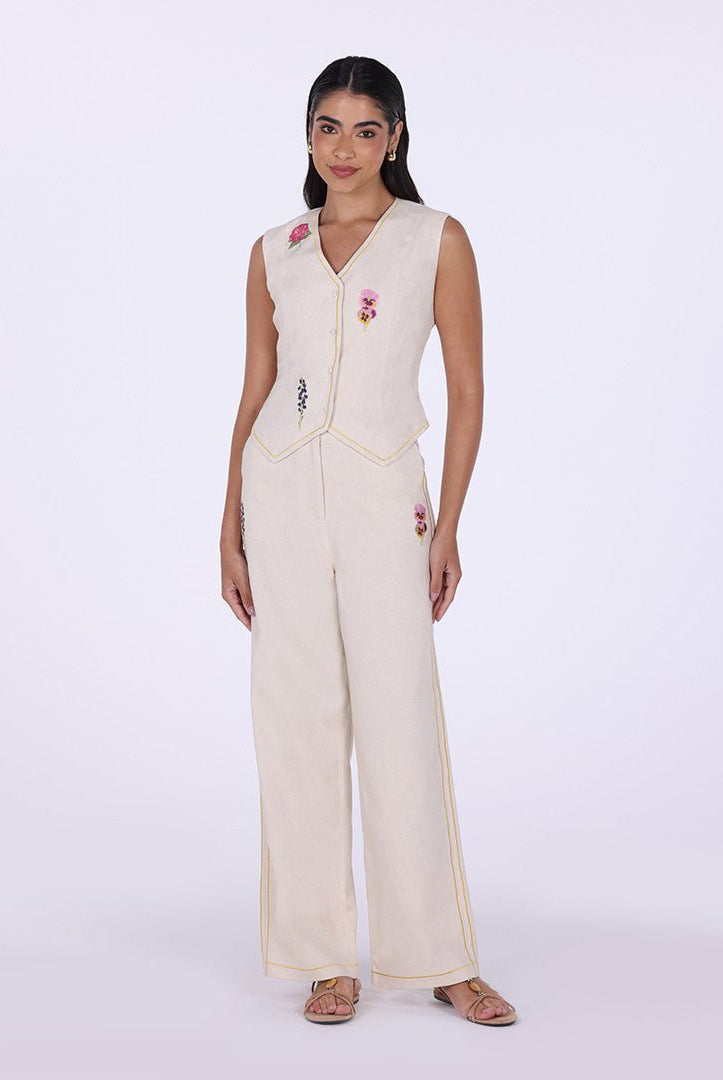 Beige Embroidered Linen Wide Leg Pants - shopaleena