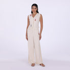 Beige Embroidered Linen Wide Leg Pants - shopaleena