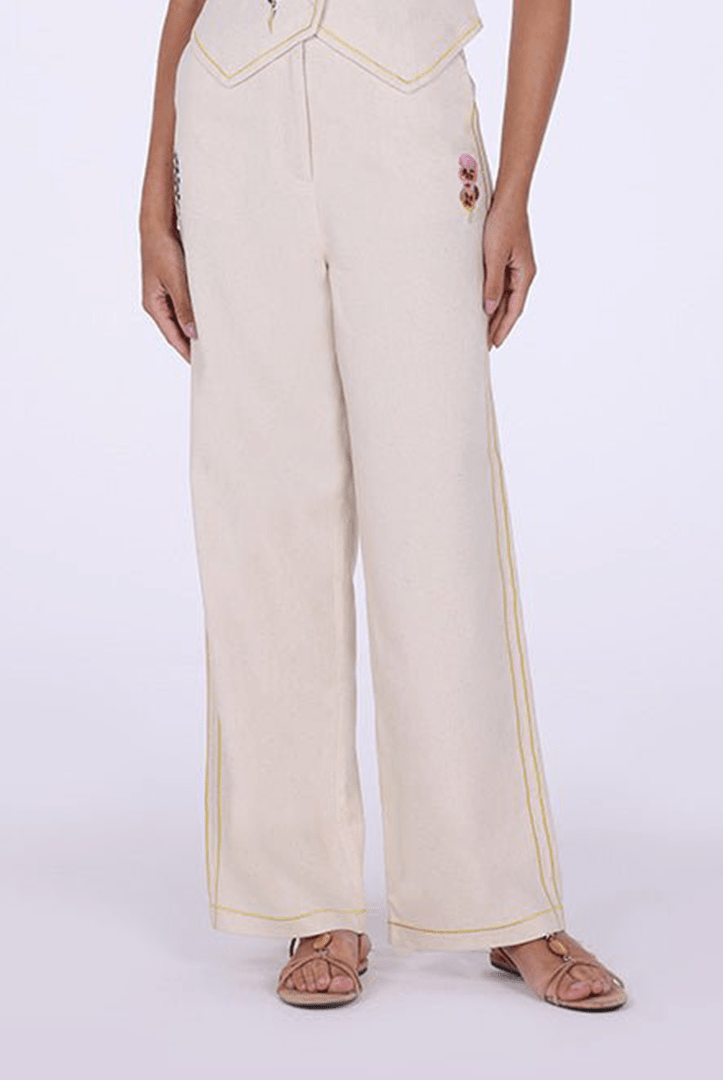 Beige Embroidered Linen Wide Leg Pants - shopaleena