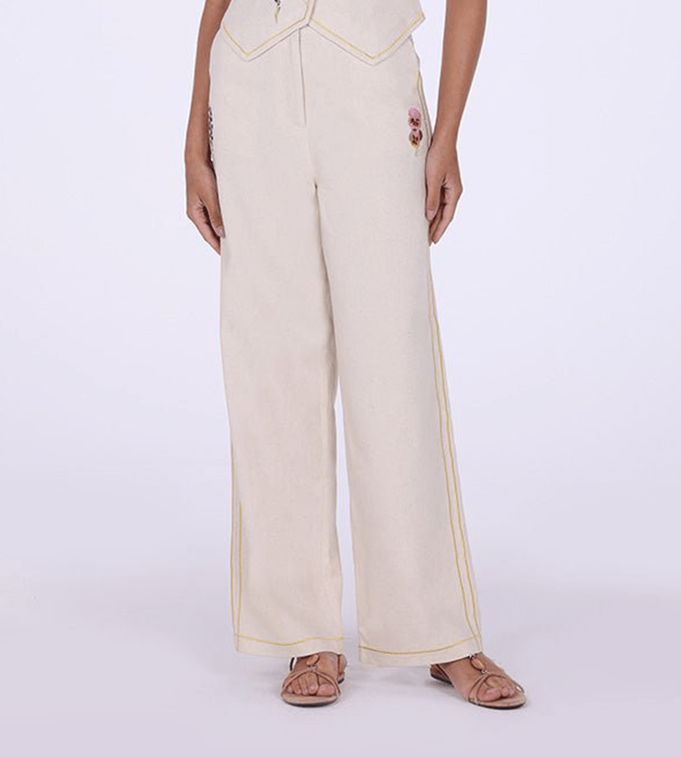 Beige Embroidered Linen Wide Leg Pants - shopaleena